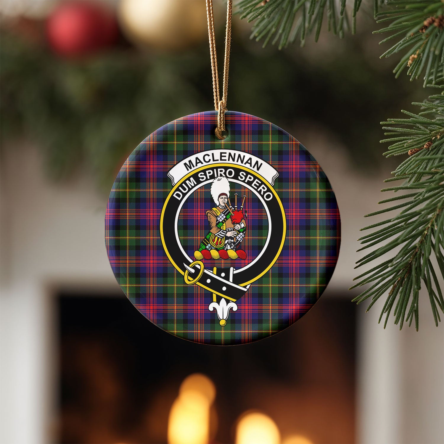 MacLennan Modern Tartan Crest Christmas Ceramic Ornament