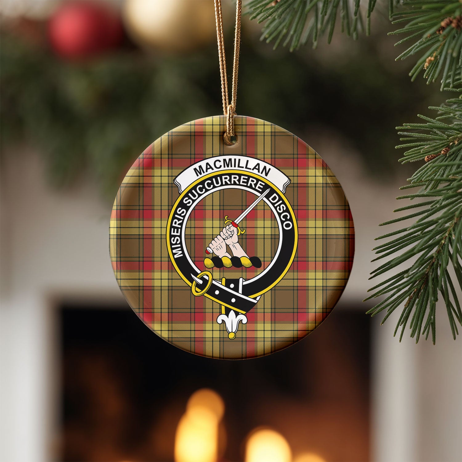 MacMillan Old Weathered Tartan Crest Christmas Ceramic Ornament