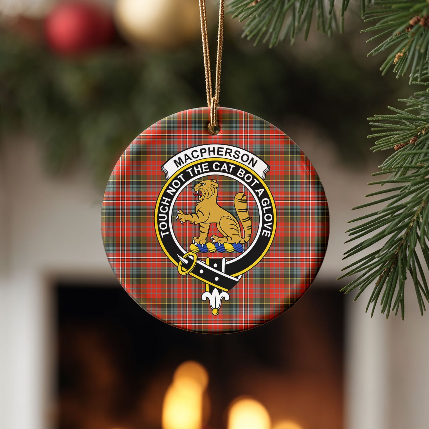 MacPherson Weathered Tartan Crest Christmas Ceramic Ornament