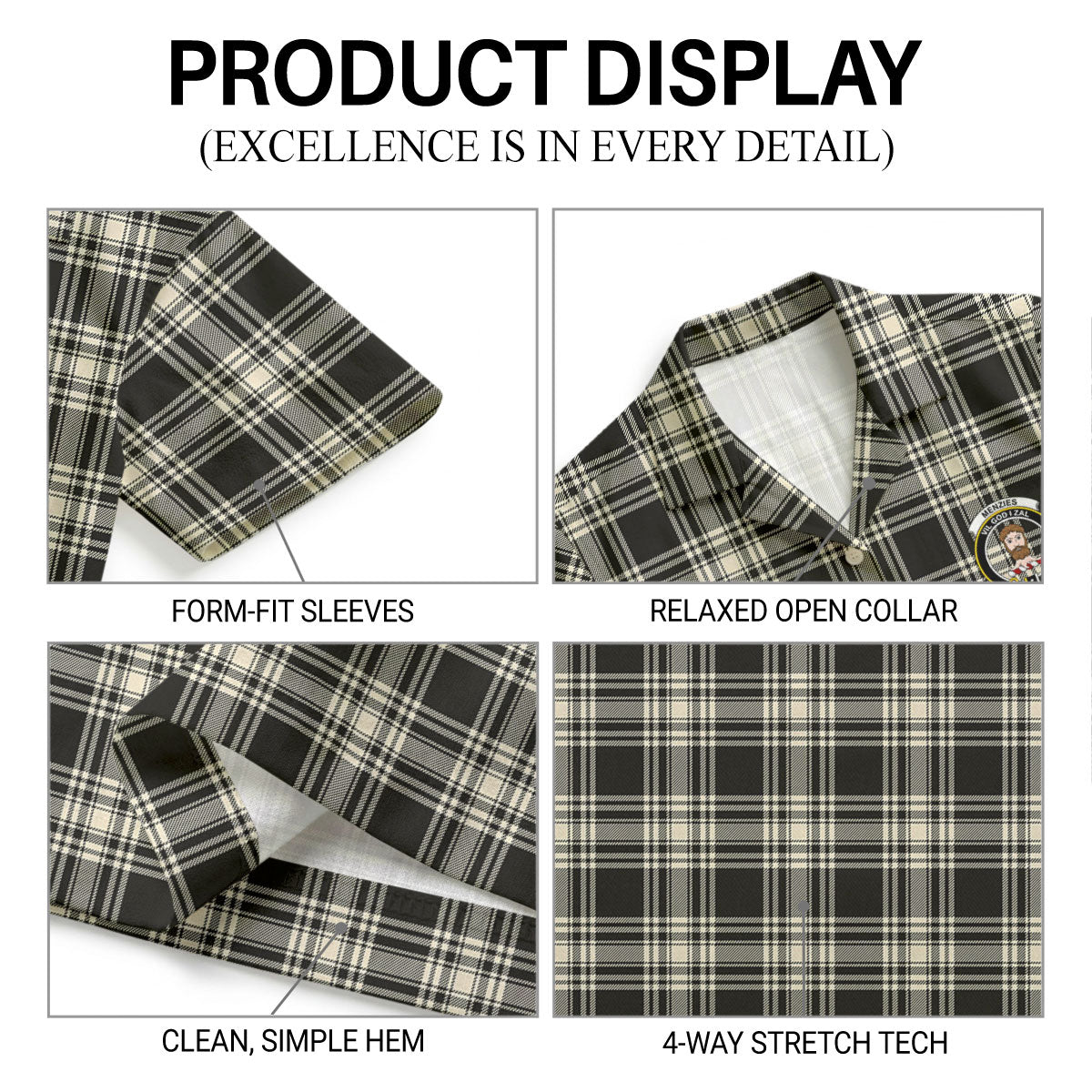Menzies Black - White Ancient Tartan Crest Hawaiian Shirt