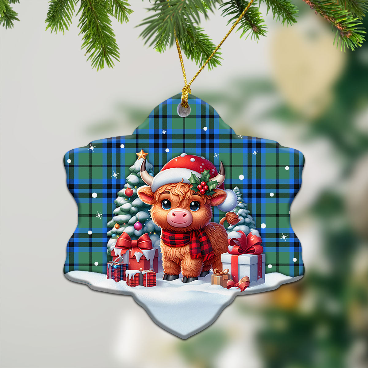 Falconer Tartan Christmas Ceramic Ornament - Highland Cow Winter Style