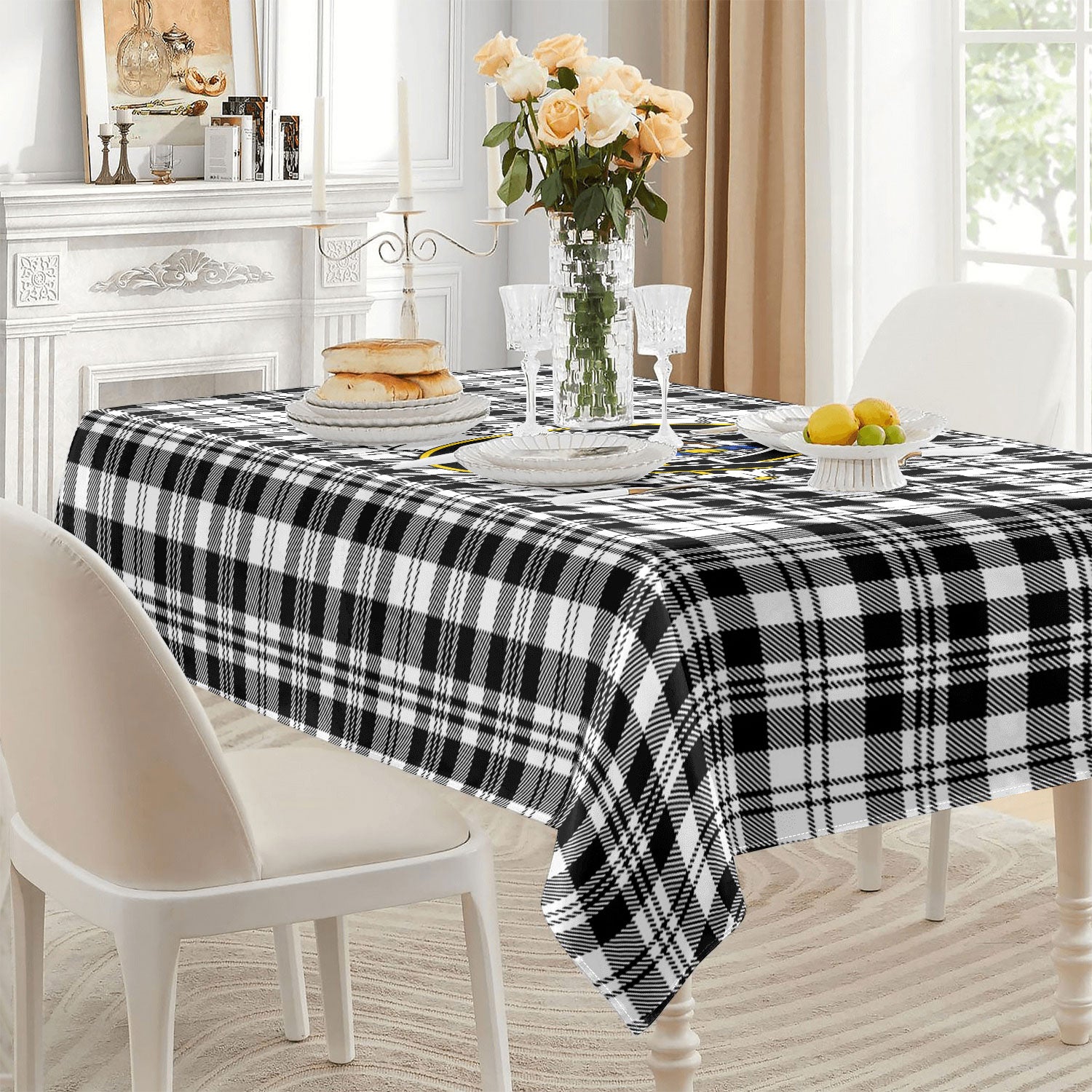 Scott Black & White Modern Tartan Crest Tablecloth