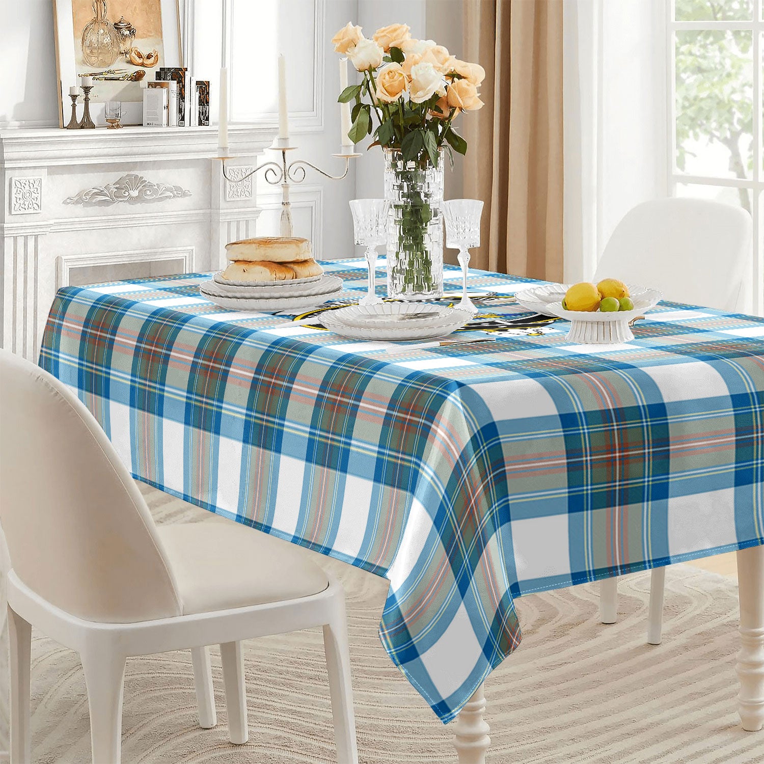 Stewart Muted Blue Tartan Crest Tablecloth