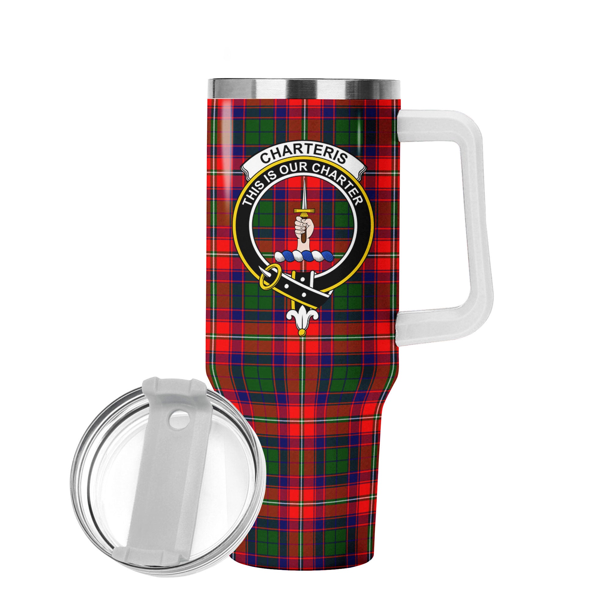 Charteris (Earl of Wemyss) Tartan Crest 40 oz Insulated Tumbler with Handle