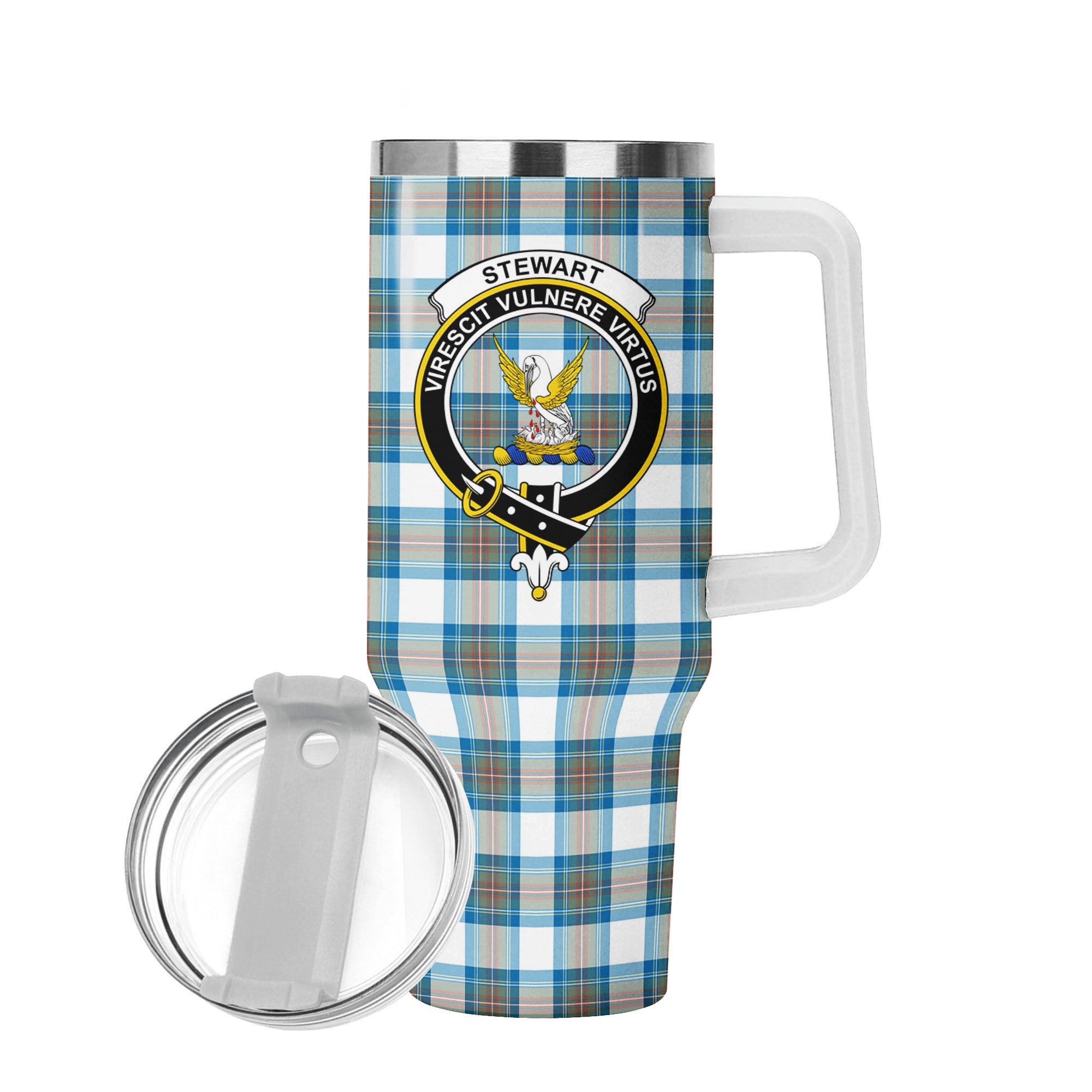 Stewart Muted Blue Tartan Crest 40 oz Insulated Tumbler with Handle
