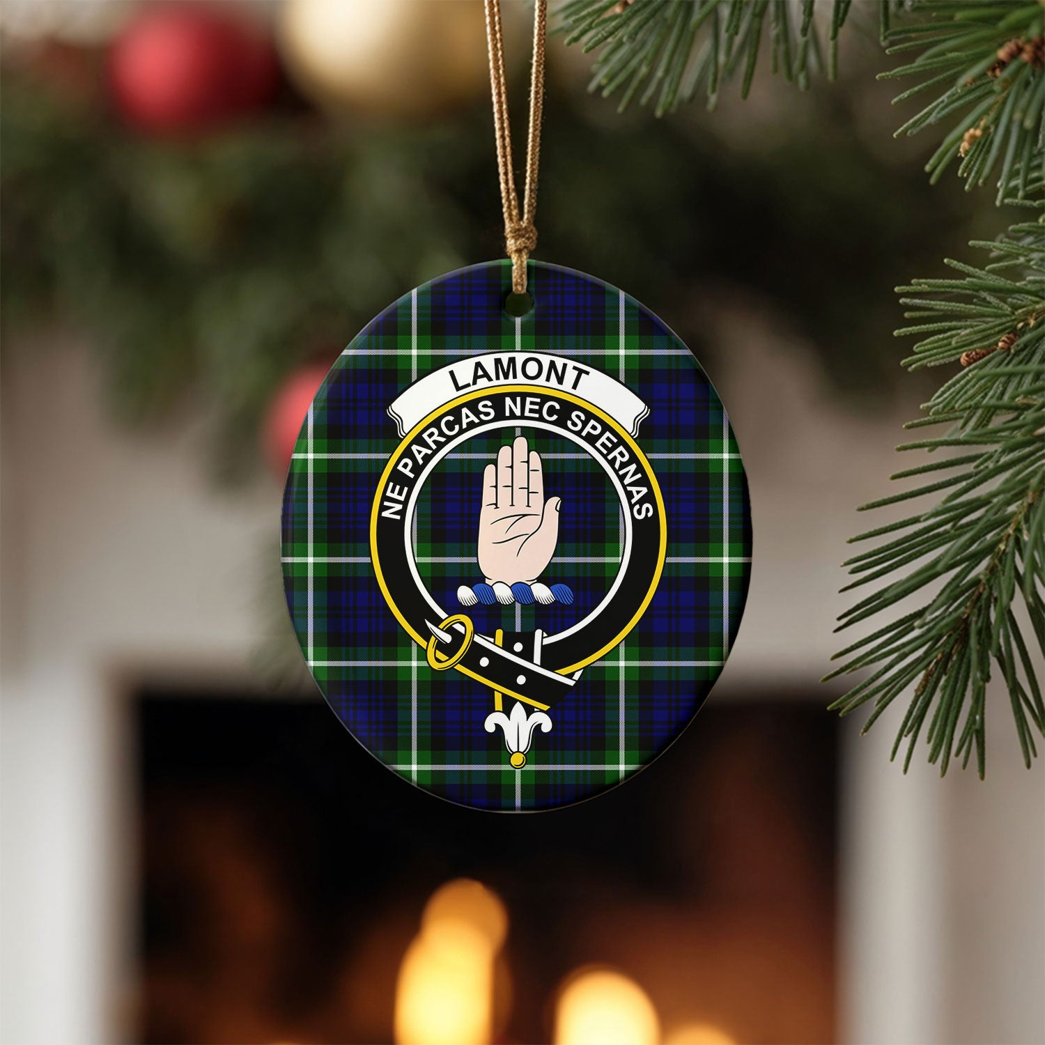 Lamont Modern Tartan Crest Christmas Ceramic Ornament