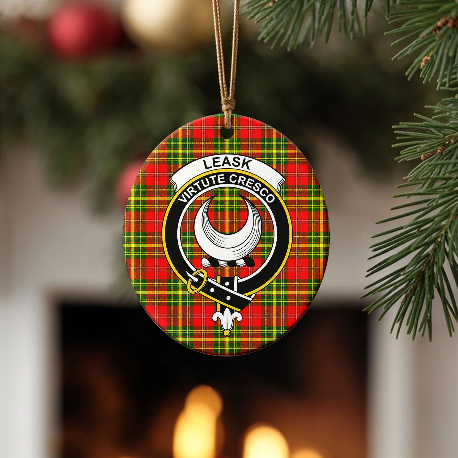 Leask Tartan Crest Christmas Ceramic Ornament