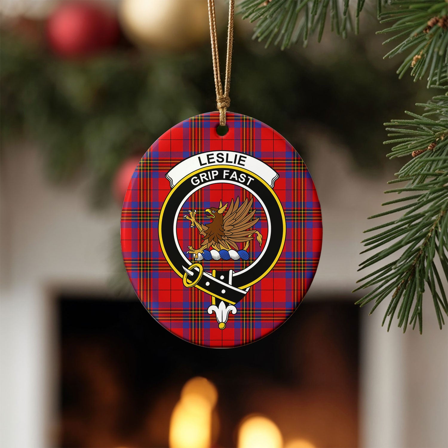 Leslie Modern Tartan Crest Christmas Ceramic Ornament