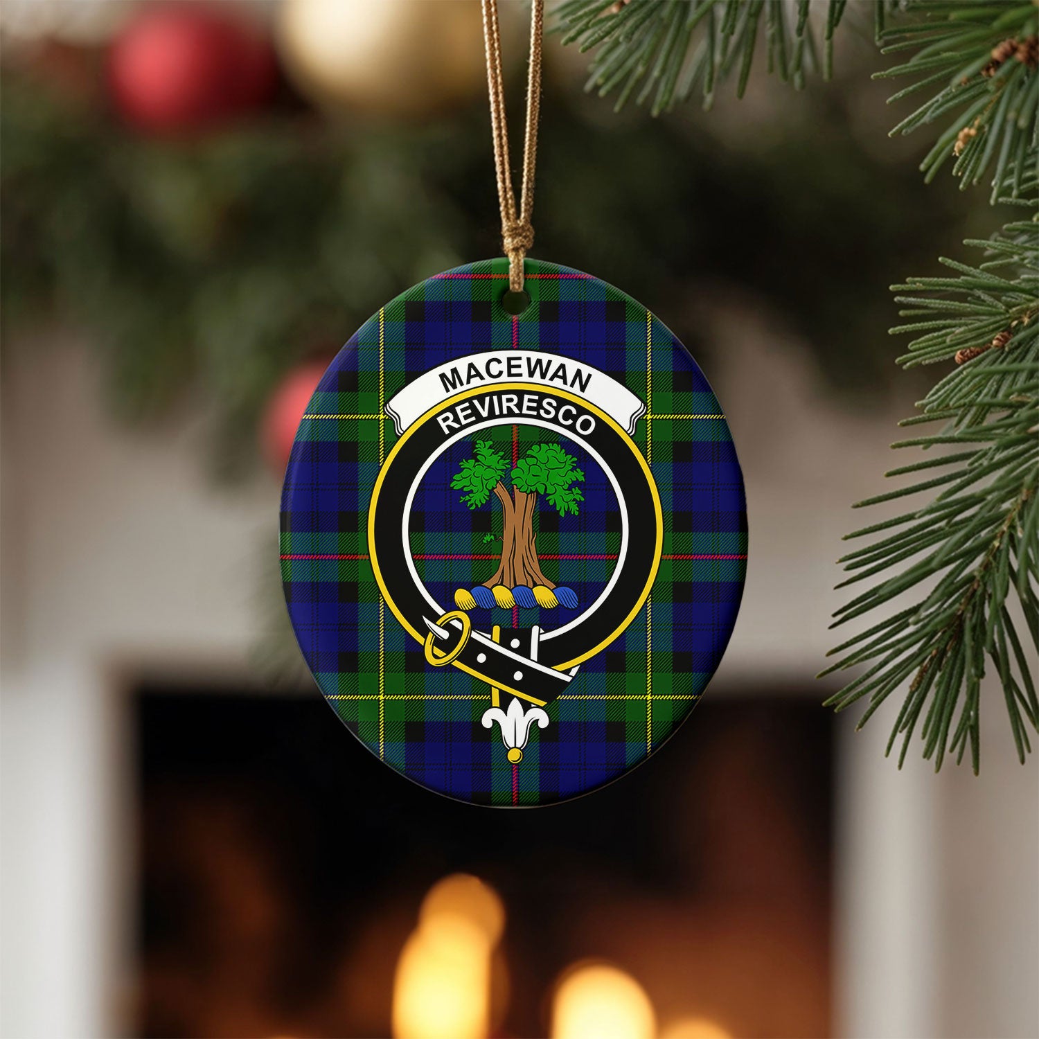 MacEwan Modern Tartan Crest Christmas Ceramic Ornament