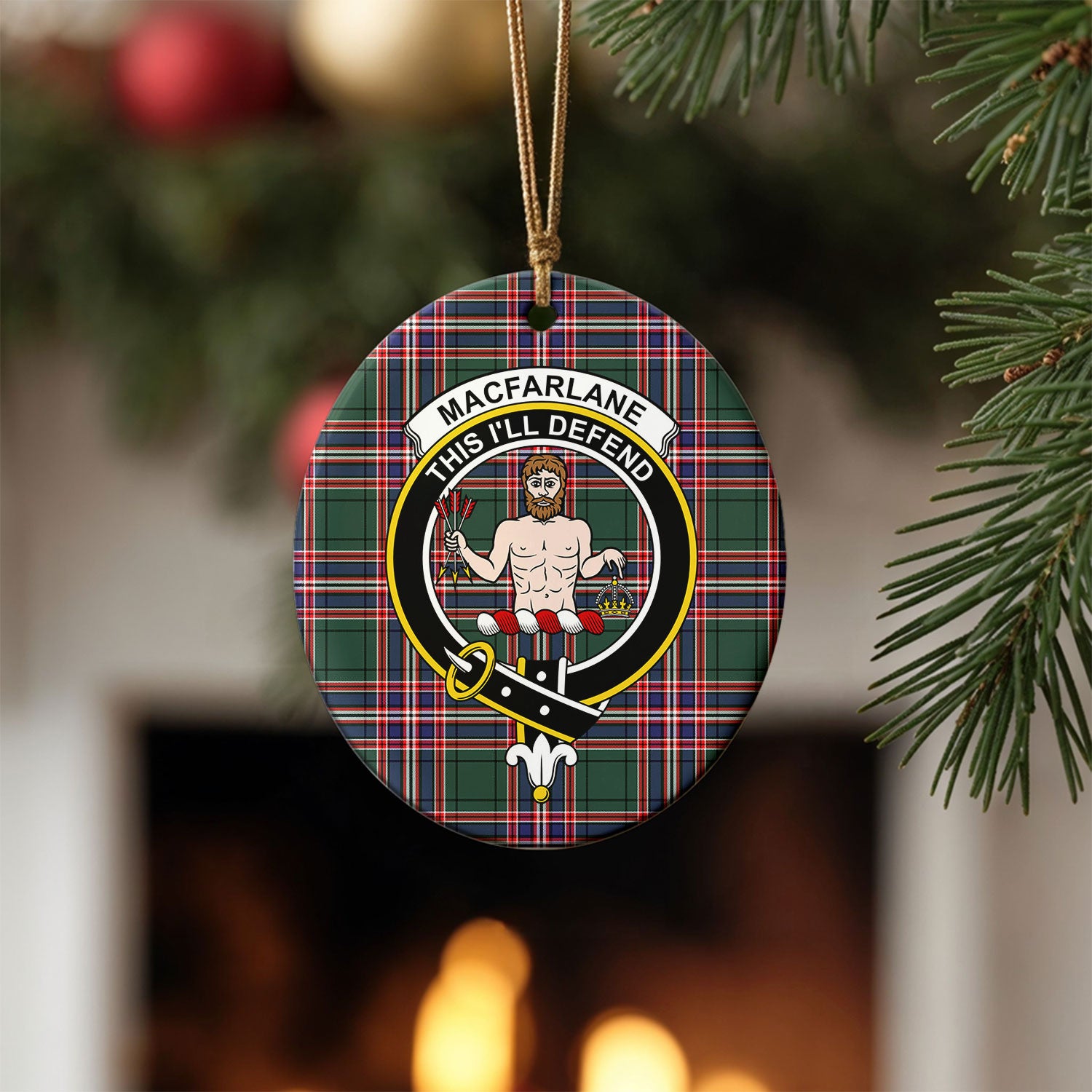 MacFarlane Hunting Modern Tartan Crest Christmas Ceramic Ornament