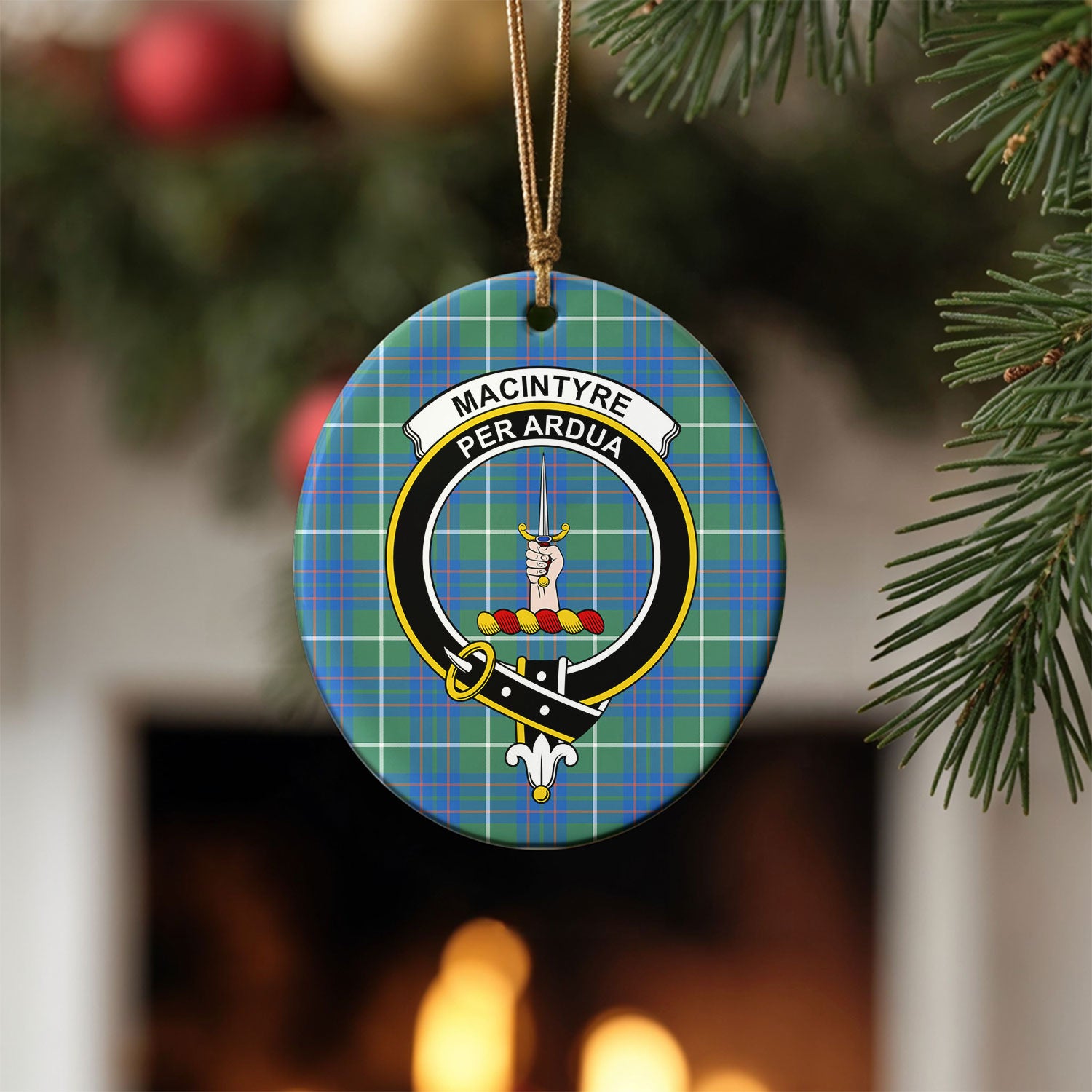 MacIntyre Hunting Ancient Tartan Crest Christmas Ceramic Ornament
