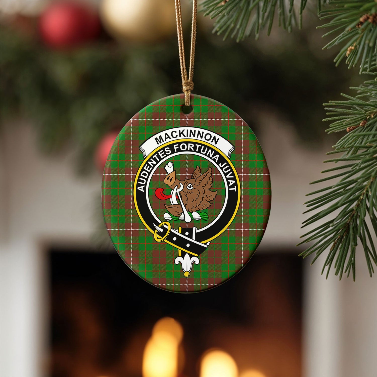MacKinnon Hunting Modern Tartan Crest Christmas Ceramic Ornament