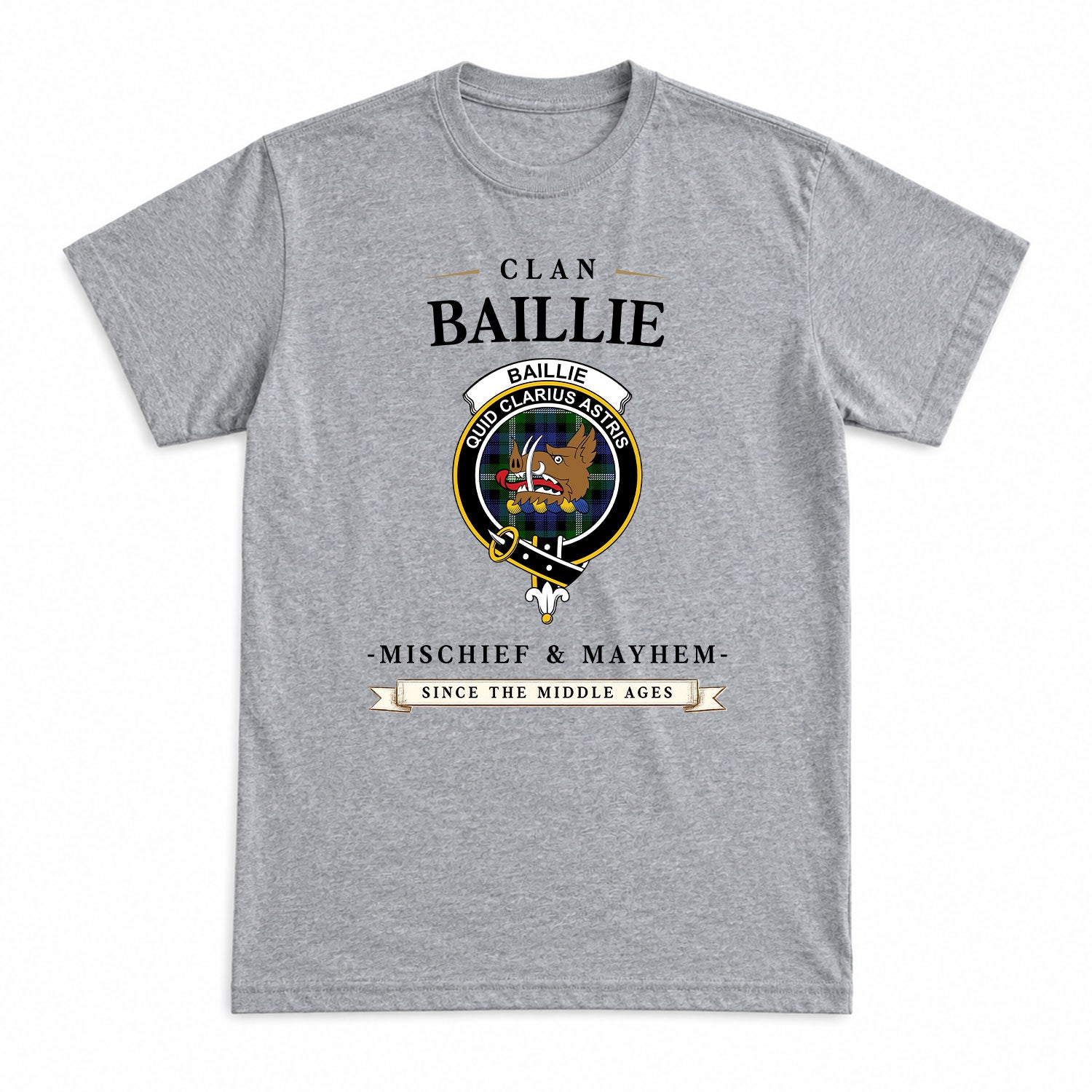 Baillie Modern Tartan Crest Mischief and Mayhem T-shirt
