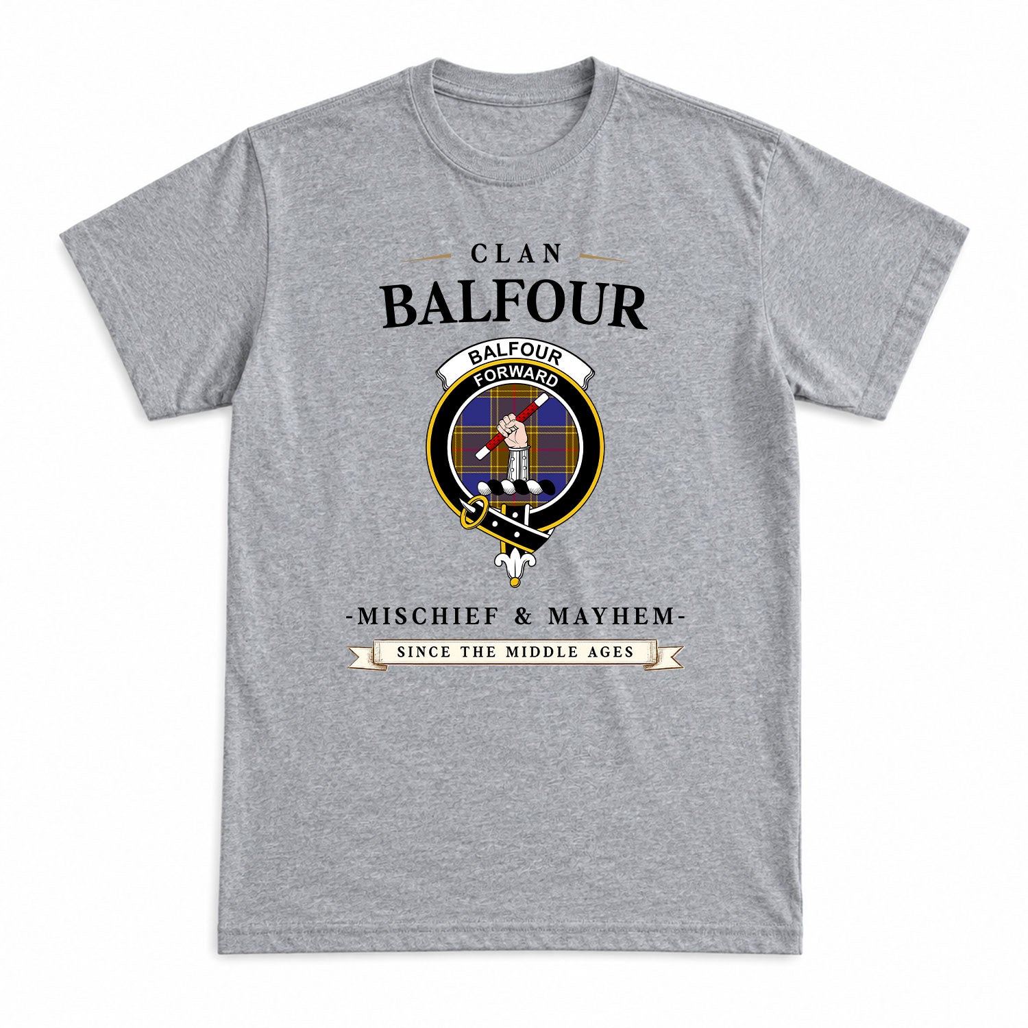 Balfour Modern Tartan Crest Mischief and Mayhem T-shirt