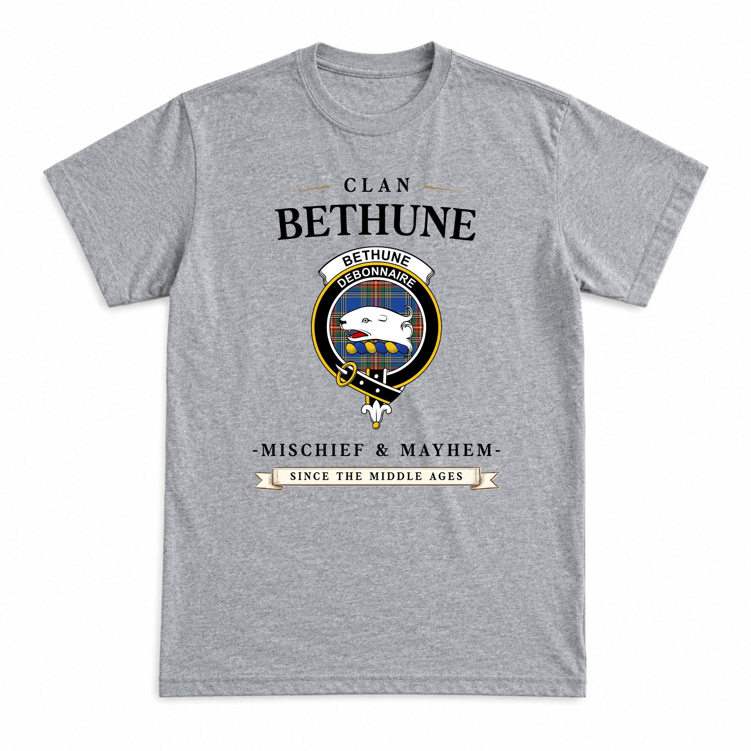 Bethune Ancient Tartan Crest Mischief and Mayhem T-shirt
