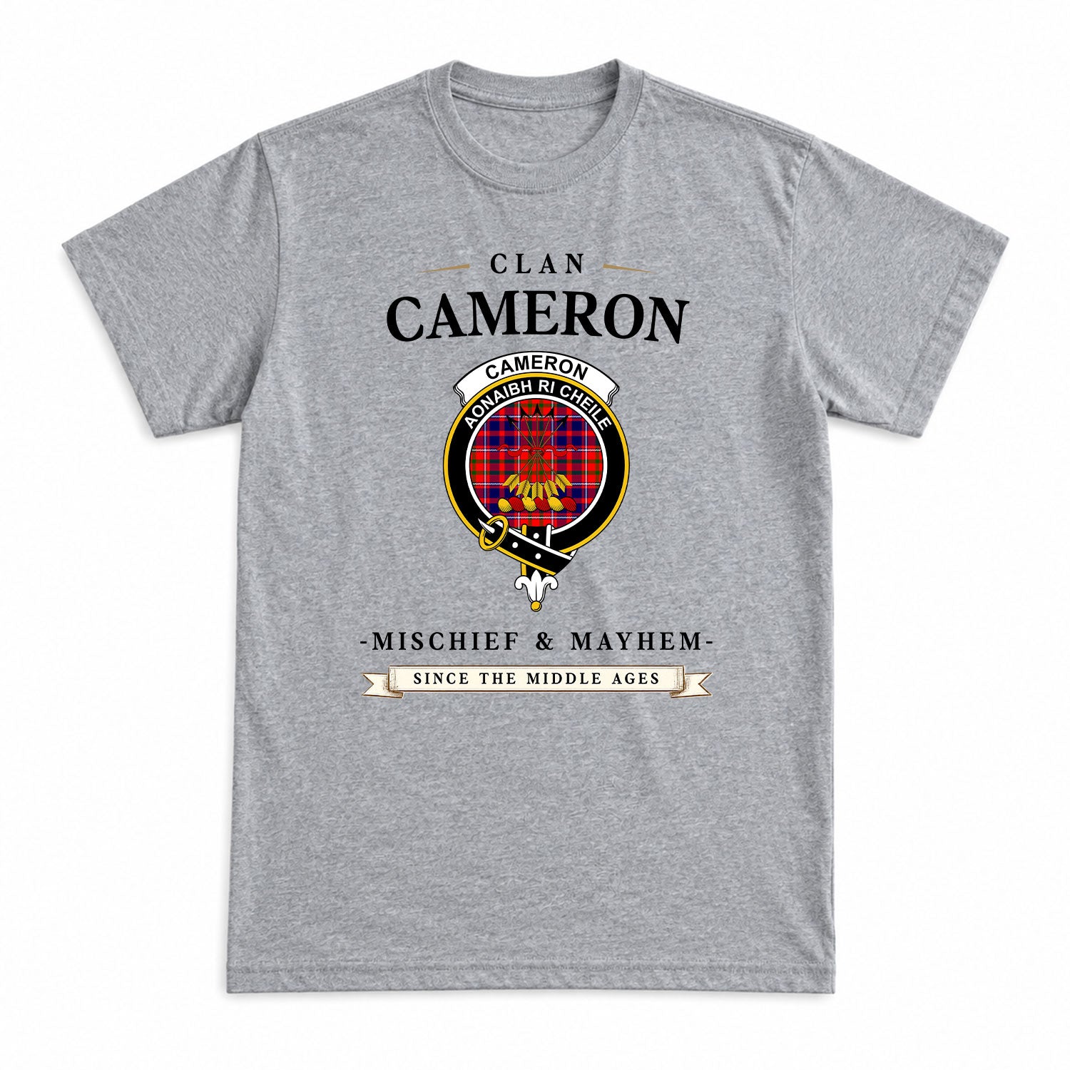 Cameron of Lochiel Modern Tartan Crest Mischief and Mayhem T-shirt