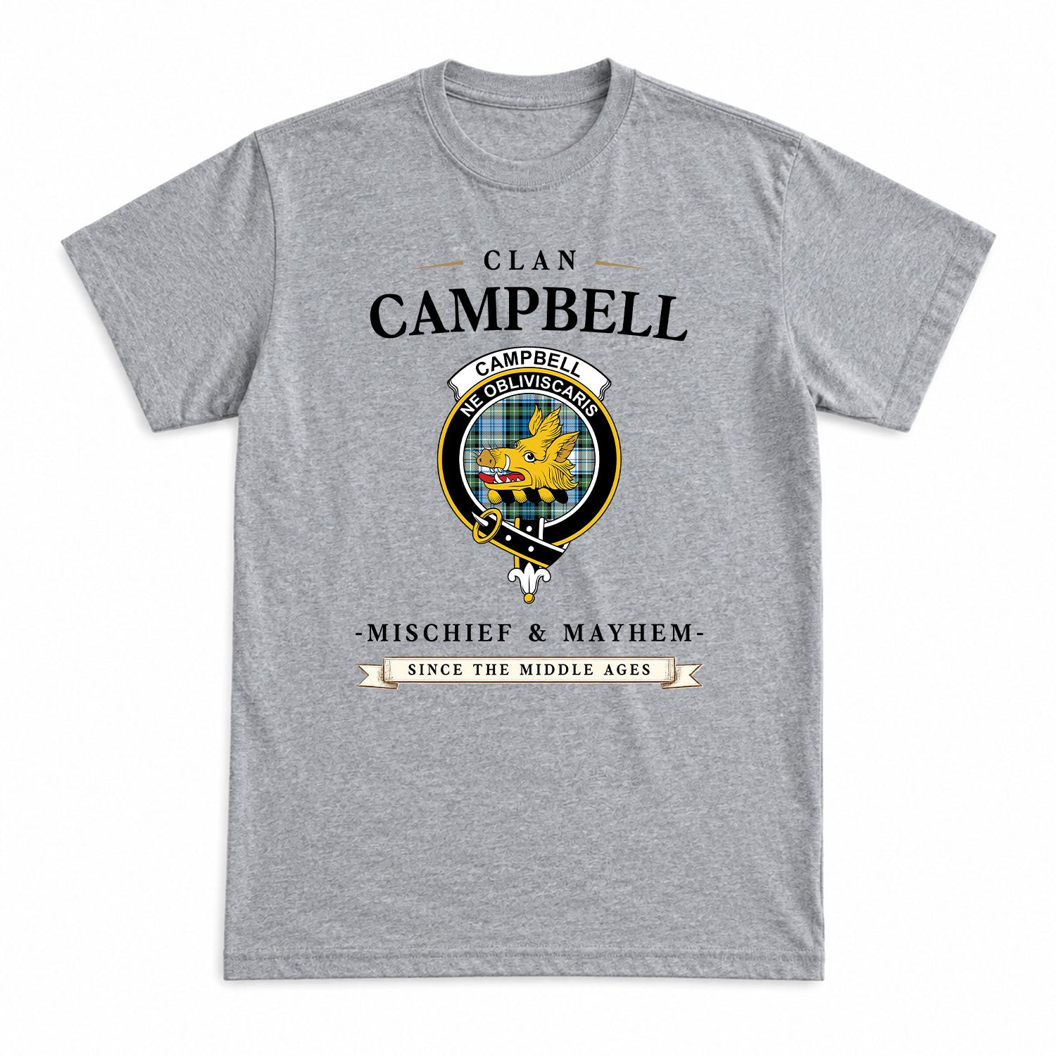 Campbell Dress Ancient Tartan Crest Mischief and Mayhem T-shirt