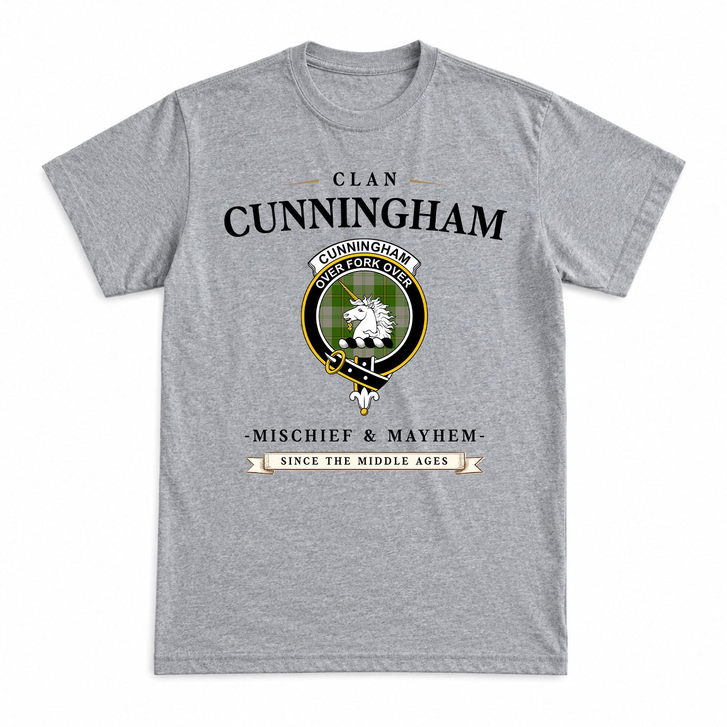 Cunningham Dress Green Dancers Tartan Crest Mischief and Mayhem T-shirt