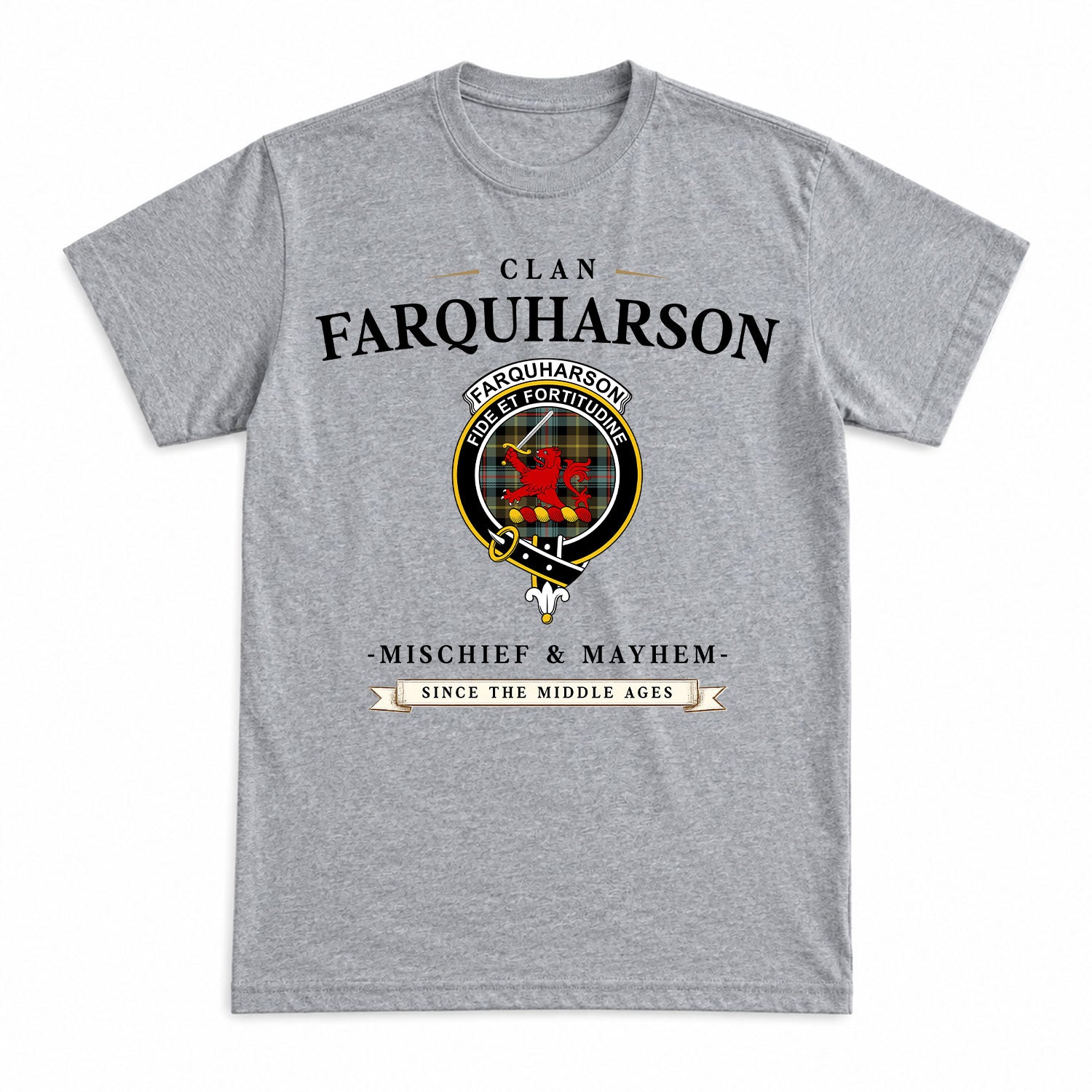 Farquharson Weathered Tartan Crest Mischief and Mayhem T-shirt