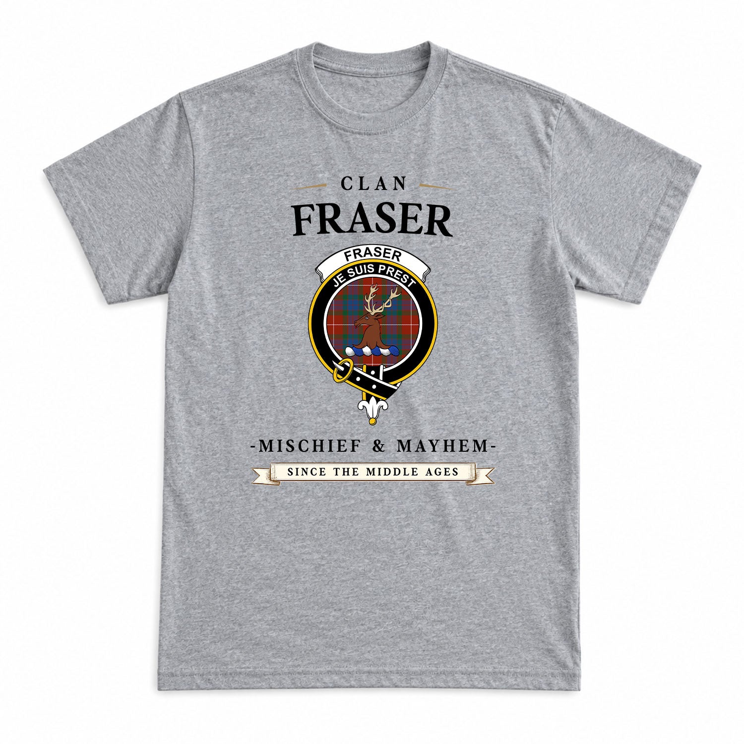 Fraser (of Lovat) Ancient Tartan Crest Mischief and Mayhem T-shirt