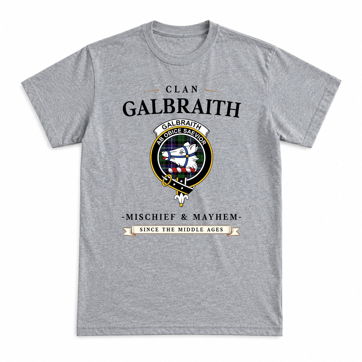 Galbraith Modern Tartan Crest Mischief and Mayhem T-shirt