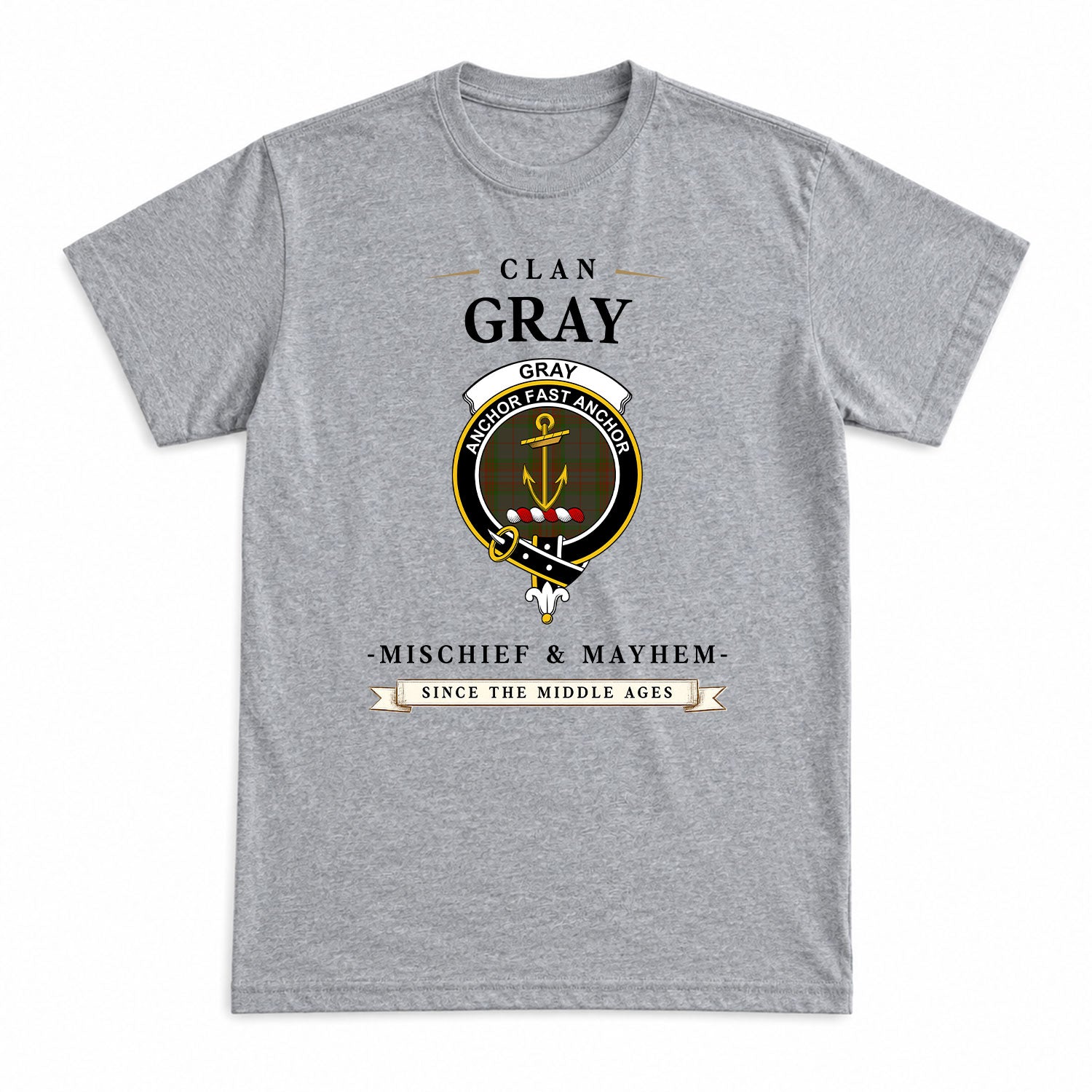 Gray Tartan Crest Mischief and Mayhem T-shirt