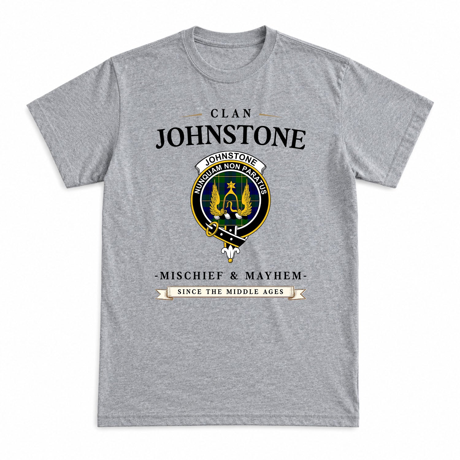 Johnstone Modern Tartan Crest Mischief and Mayhem T-shirt