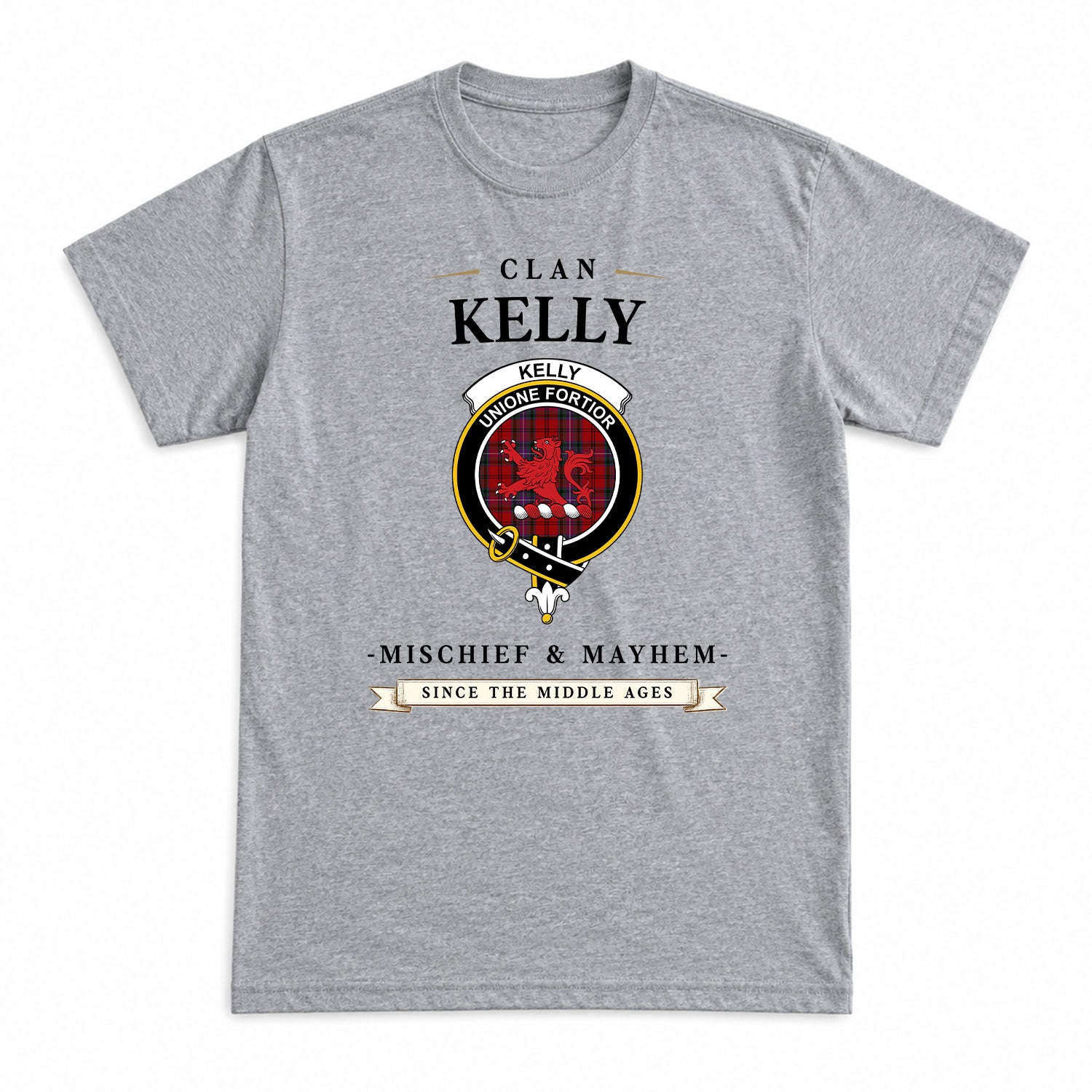 Kelly of Sleat Red Tartan Crest Mischief and Mayhem T-shirt