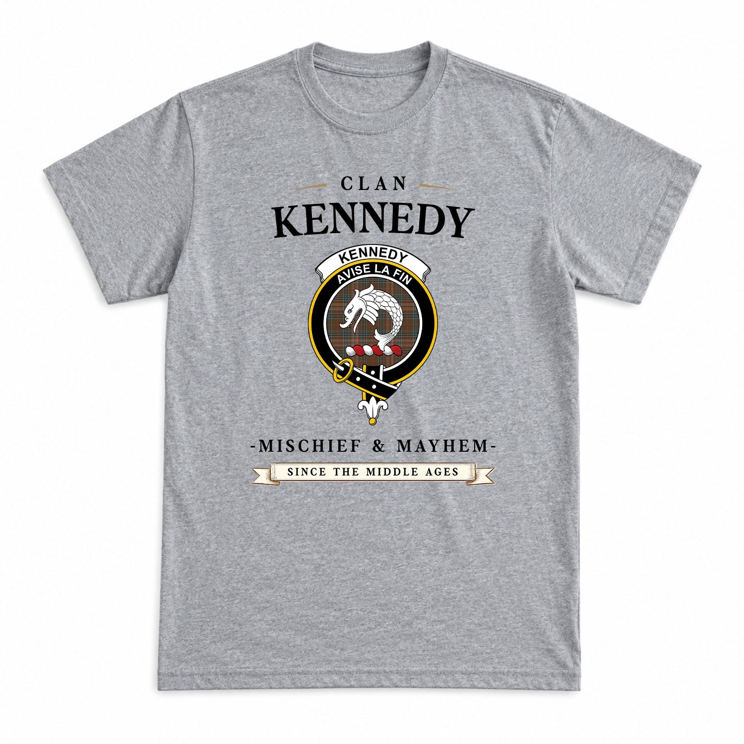 Kennedy Weathered Tartan Crest Mischief and Mayhem T-shirt