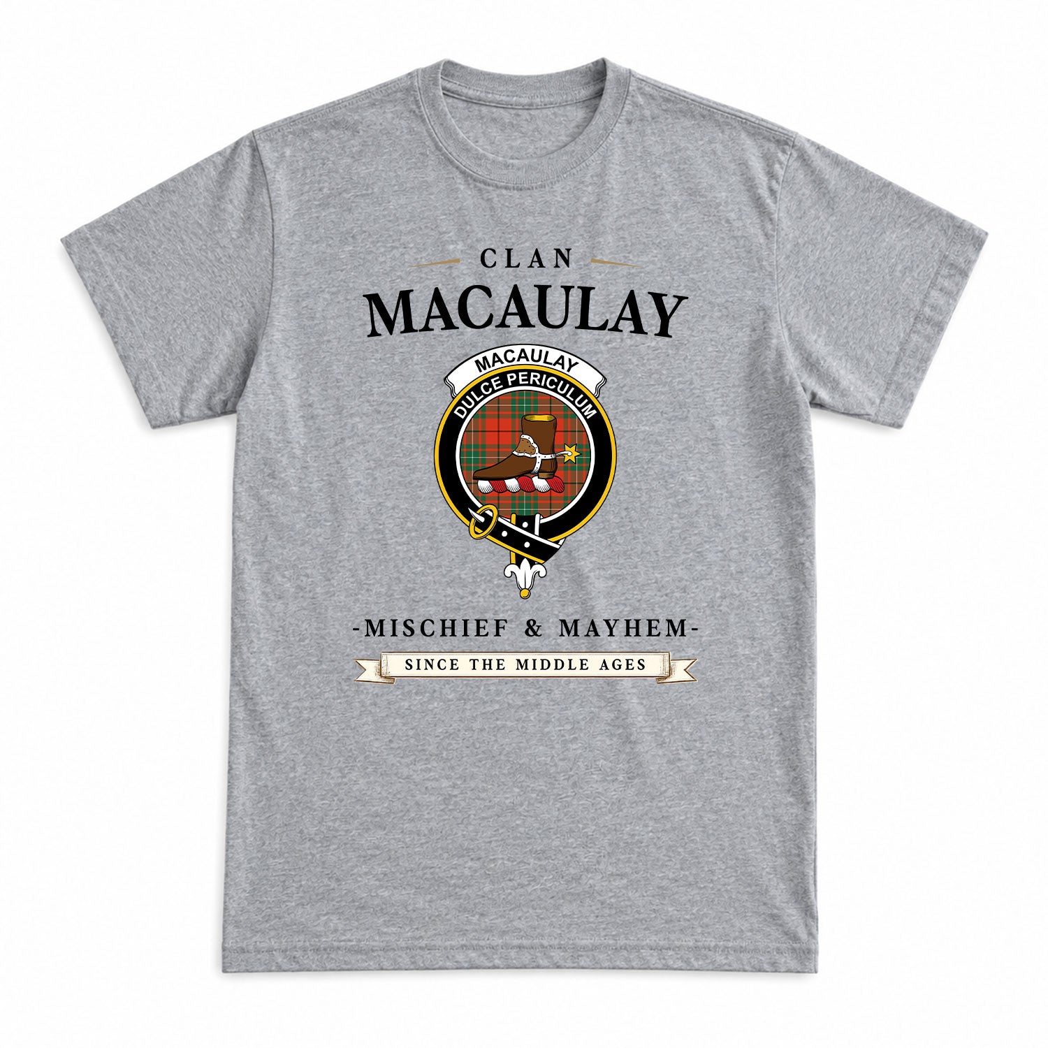 MacAulay Ancient Tartan Crest Mischief and Mayhem T-shirt