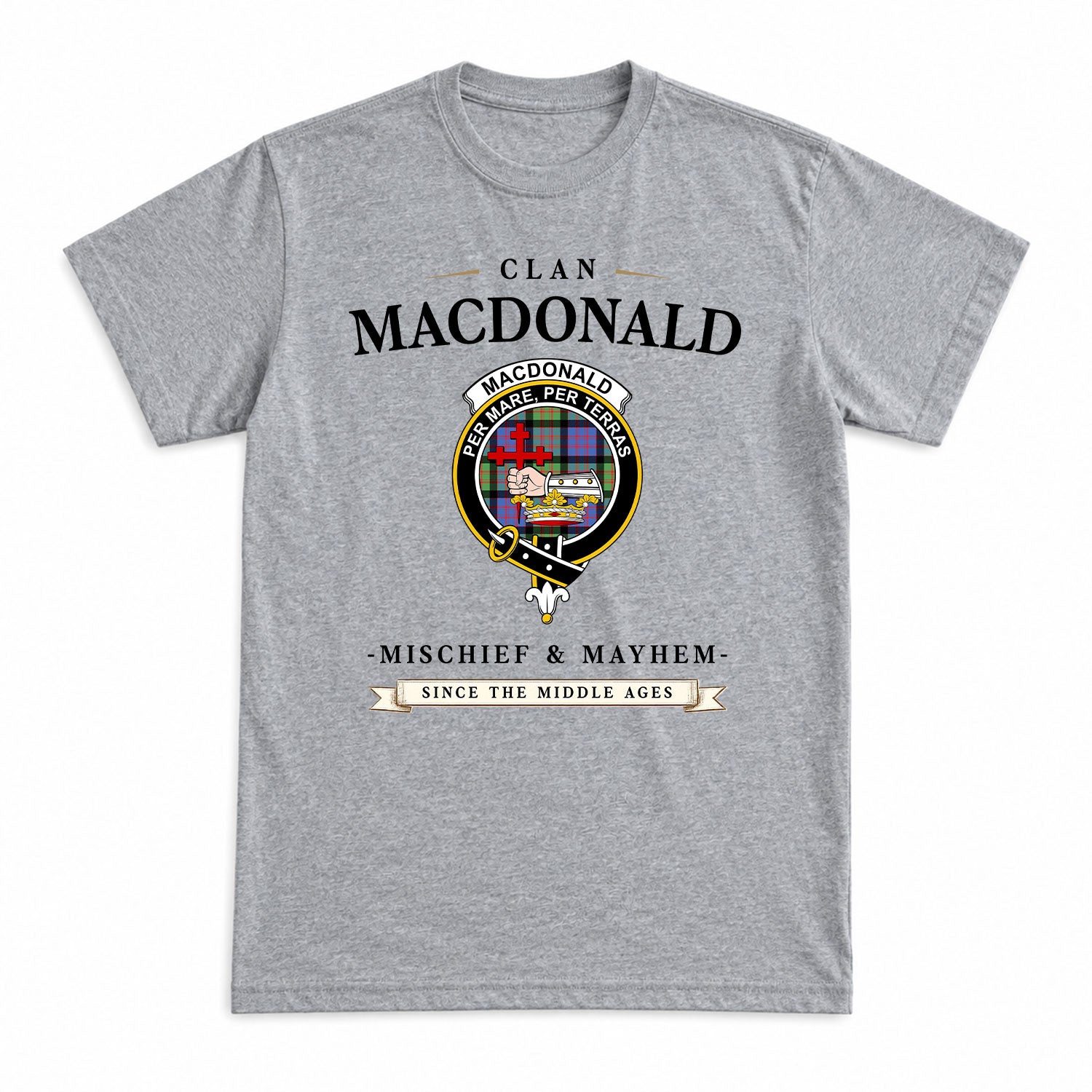 MacDonald Ancient Tartan Crest Mischief and Mayhem T-shirt