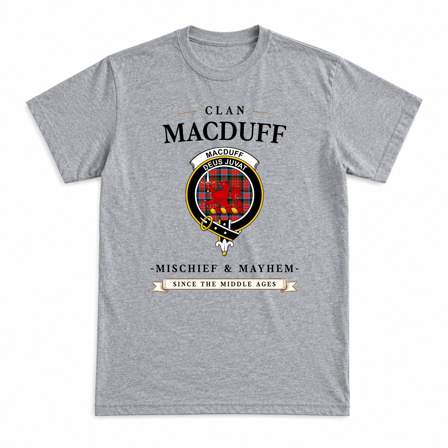 MacDuff Modern Tartan Crest Mischief and Mayhem T-shirt