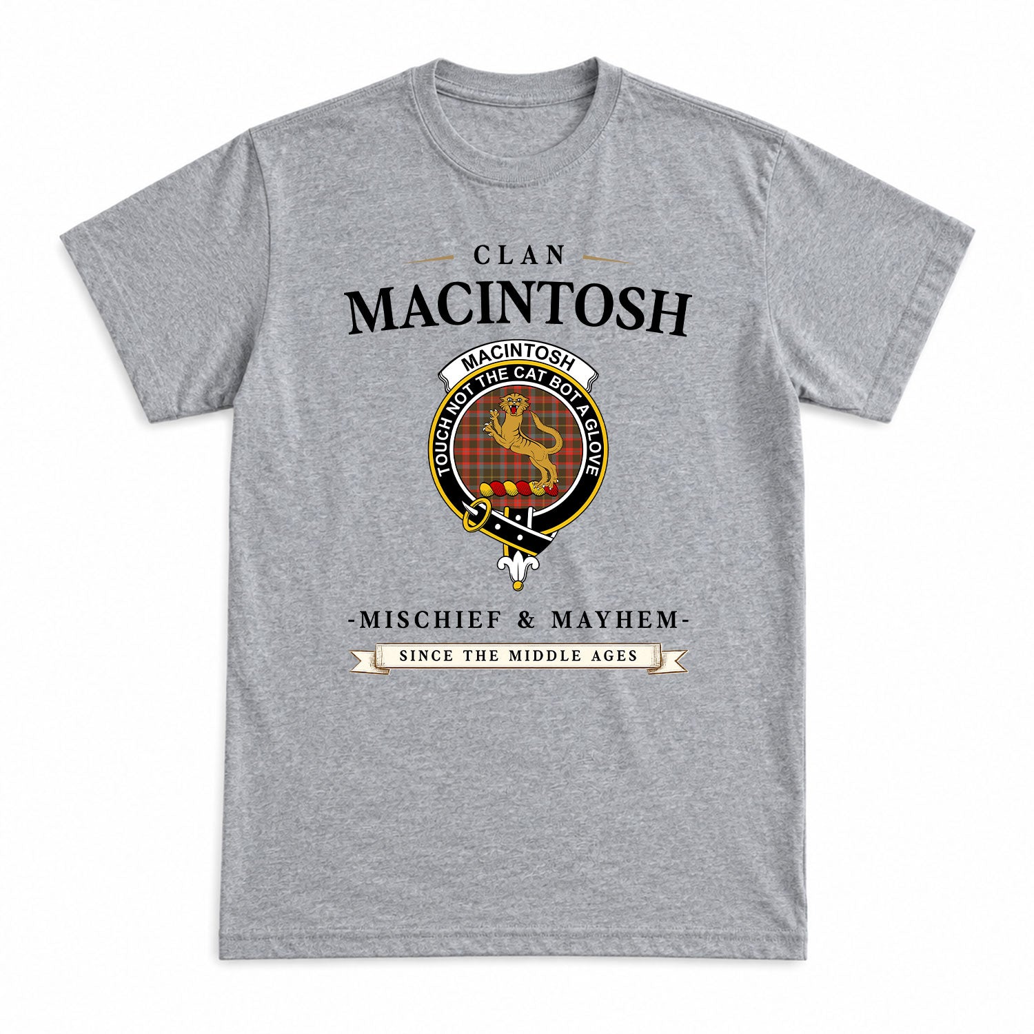 MacIntosh Hunting Weathered Tartan Crest Mischief and Mayhem T-shirt