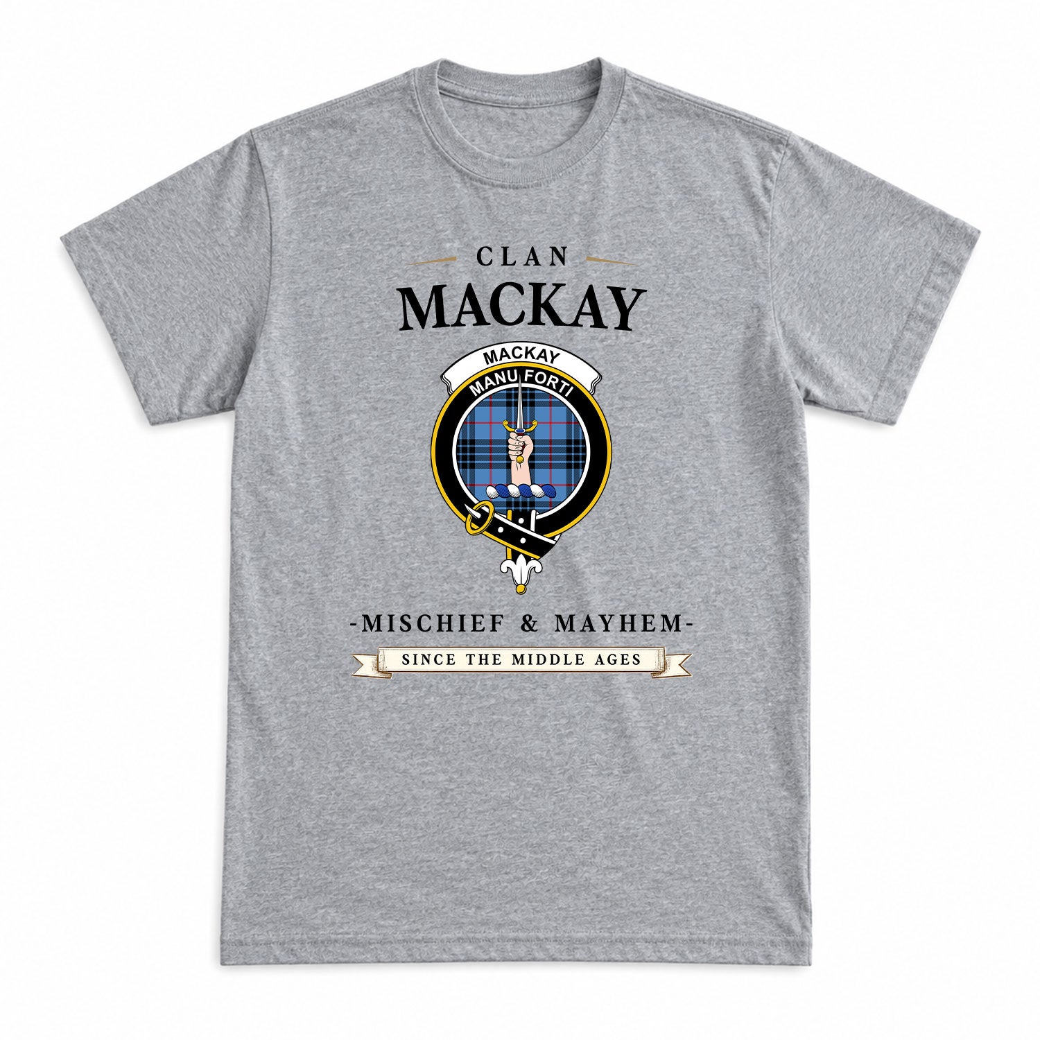 MacKay Blue Tartan Crest Mischief and Mayhem T-shirt