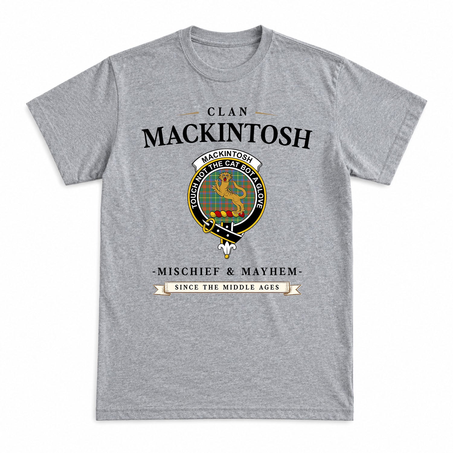 MacKintosh Hunting Ancient Tartan Crest Mischief and Mayhem T-shirt