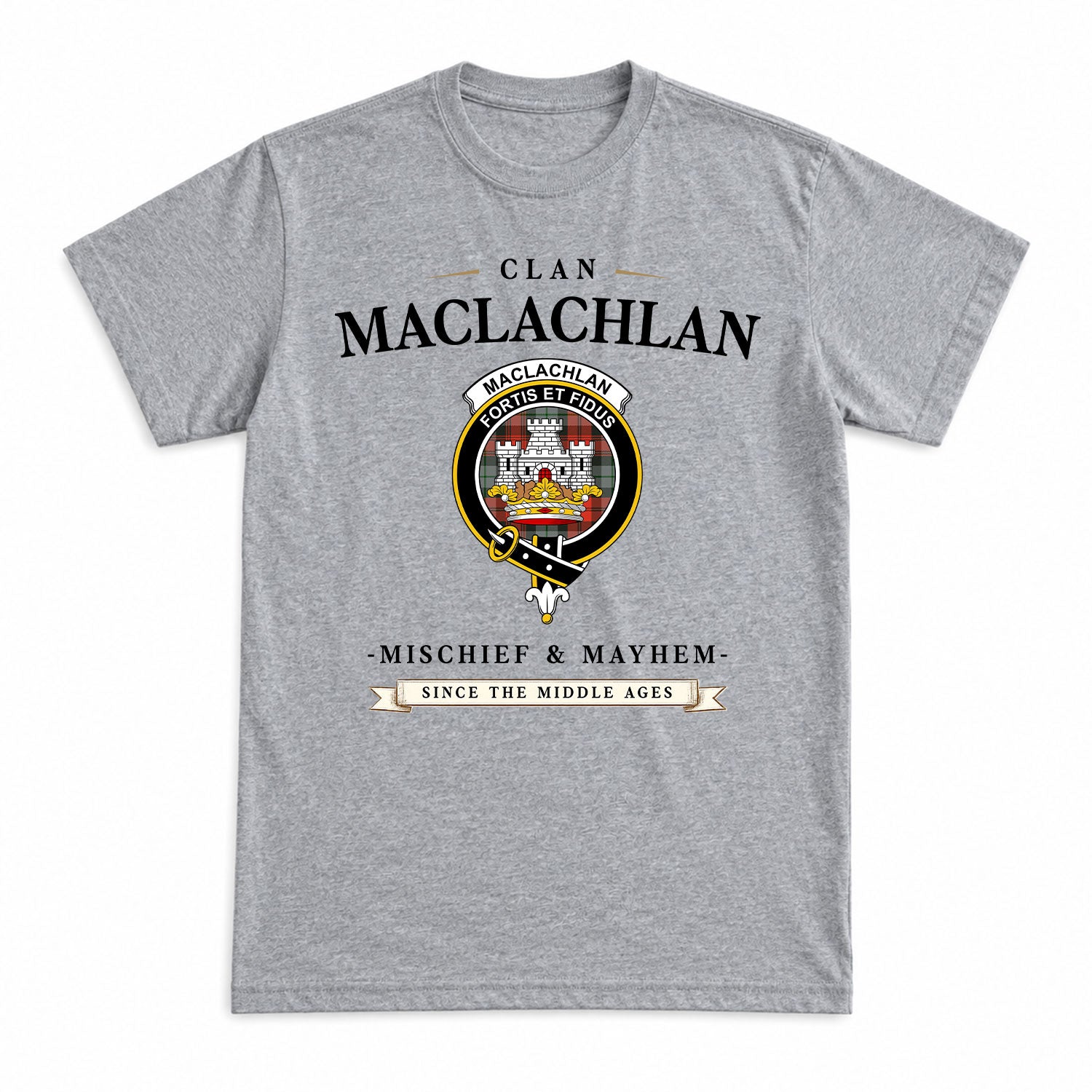 MacLachlan Weathered Tartan Crest Mischief and Mayhem T-shirt