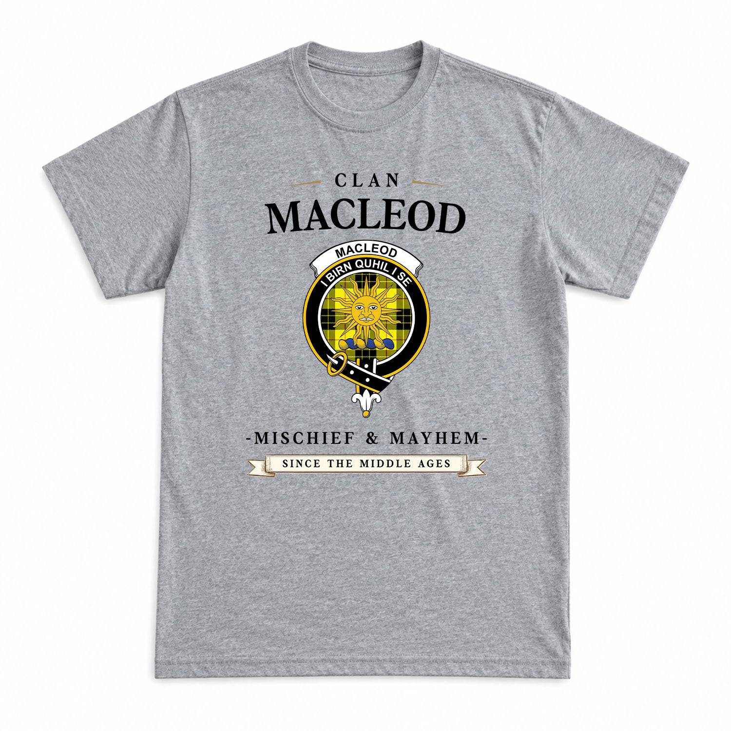 MacLeod of Lewis Modern Tartan Crest Mischief and Mayhem T-shirt