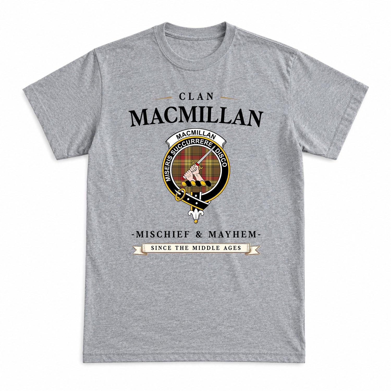 MacMillan Old Weathered Tartan Crest Mischief and Mayhem T-shirt