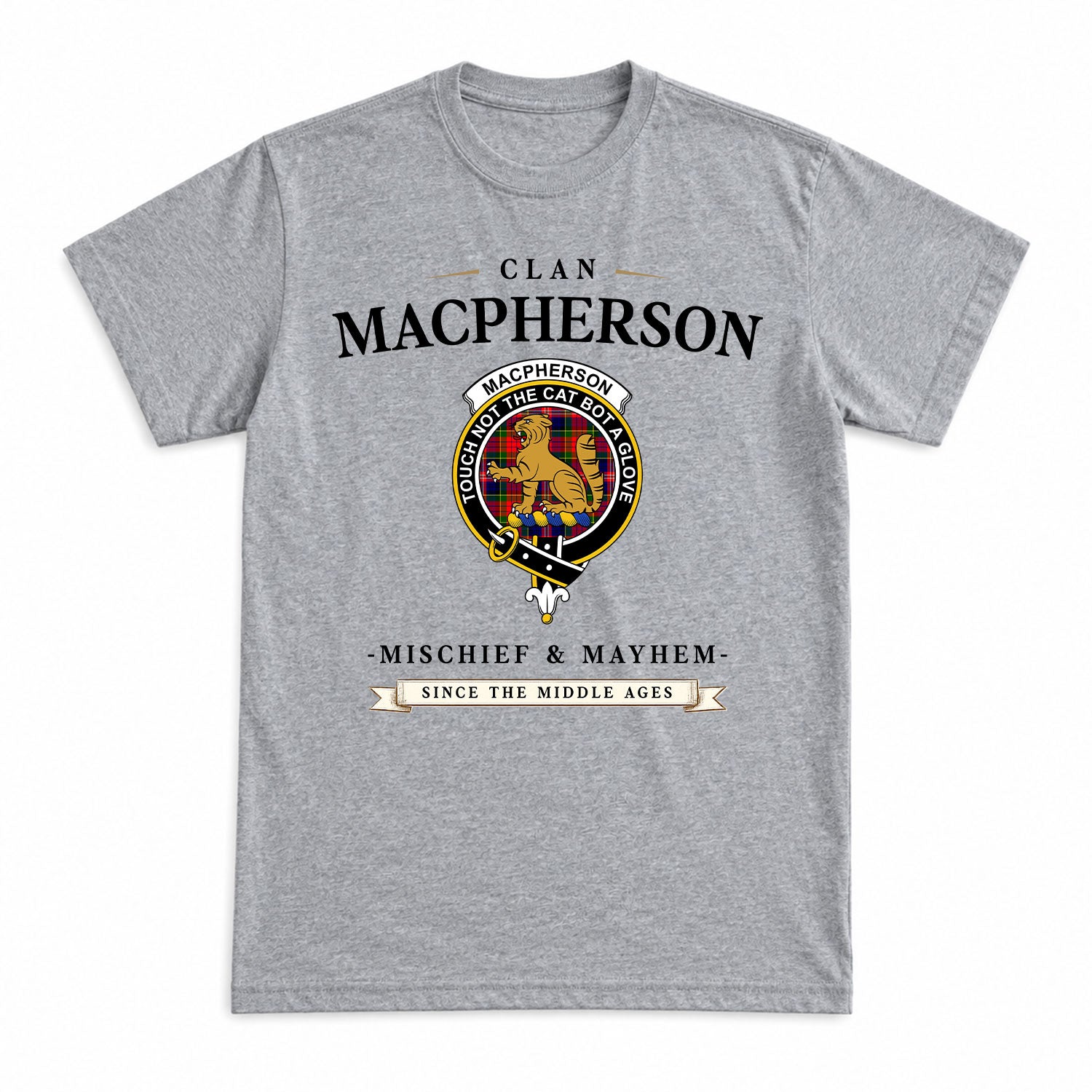 MacPherson Modern Tartan Crest Mischief and Mayhem T-shirt