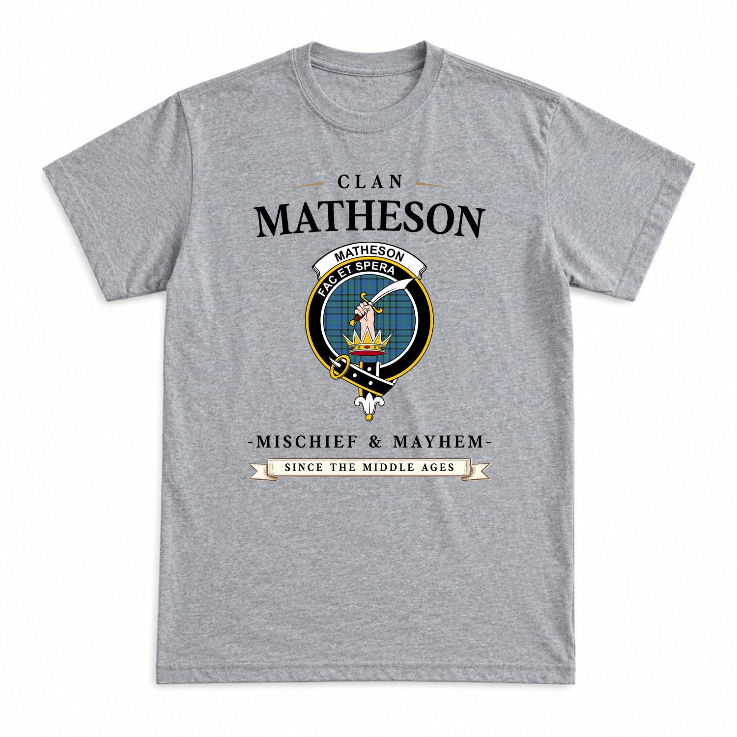 Matheson Hunting Ancient Tartan Crest Mischief and Mayhem T-shirt