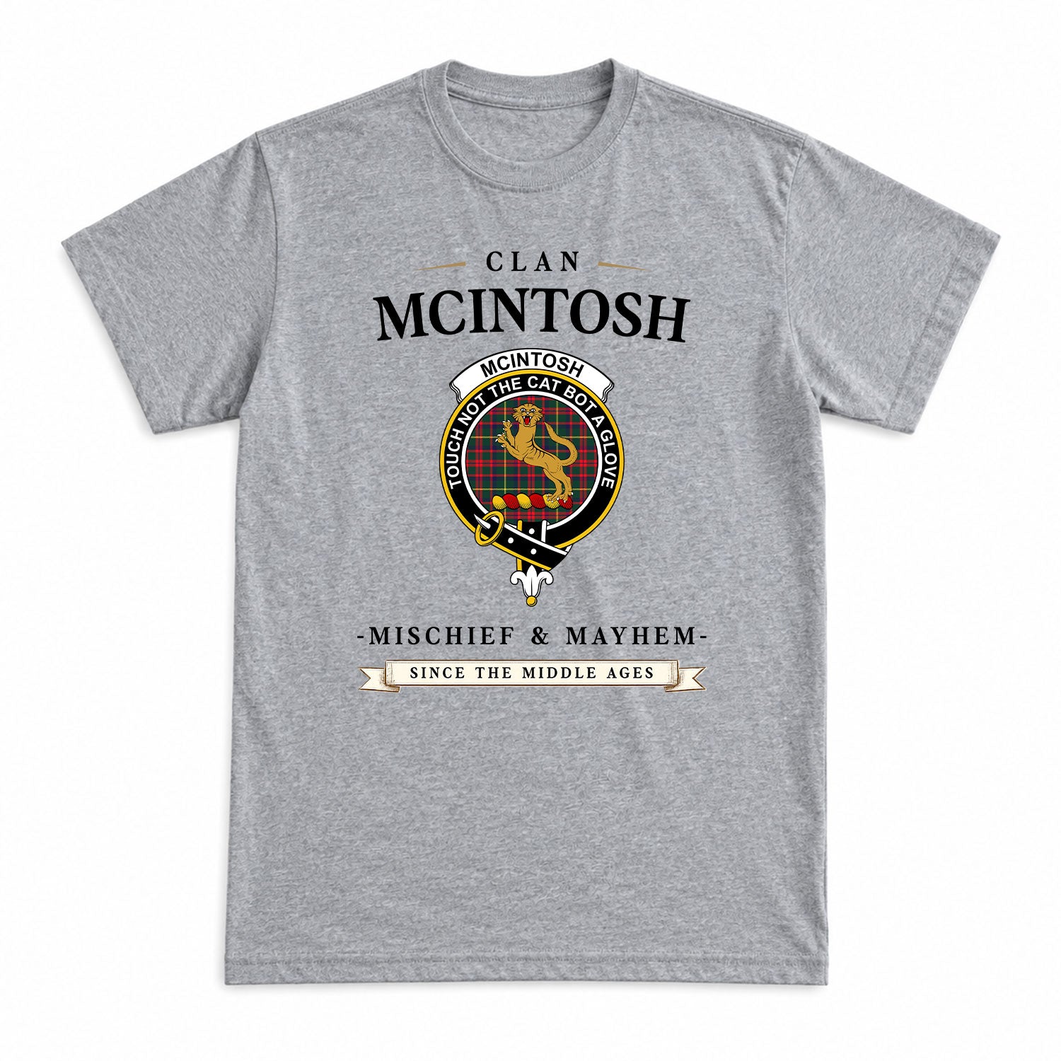 McIntosh Hunting Modern Tartan Crest Mischief and Mayhem T-shirt