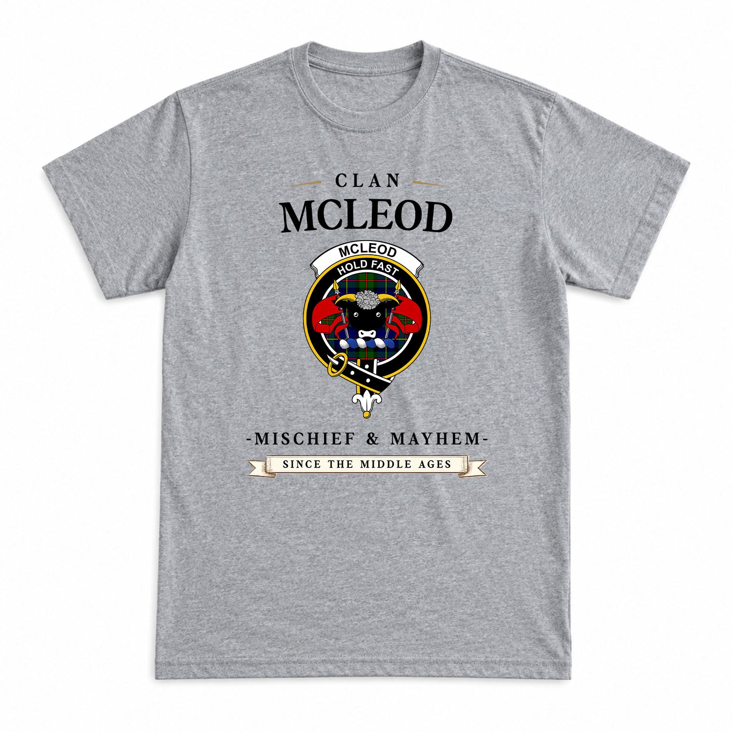 McLeod of Harris Modern Tartan Crest Mischief and Mayhem T-shirt