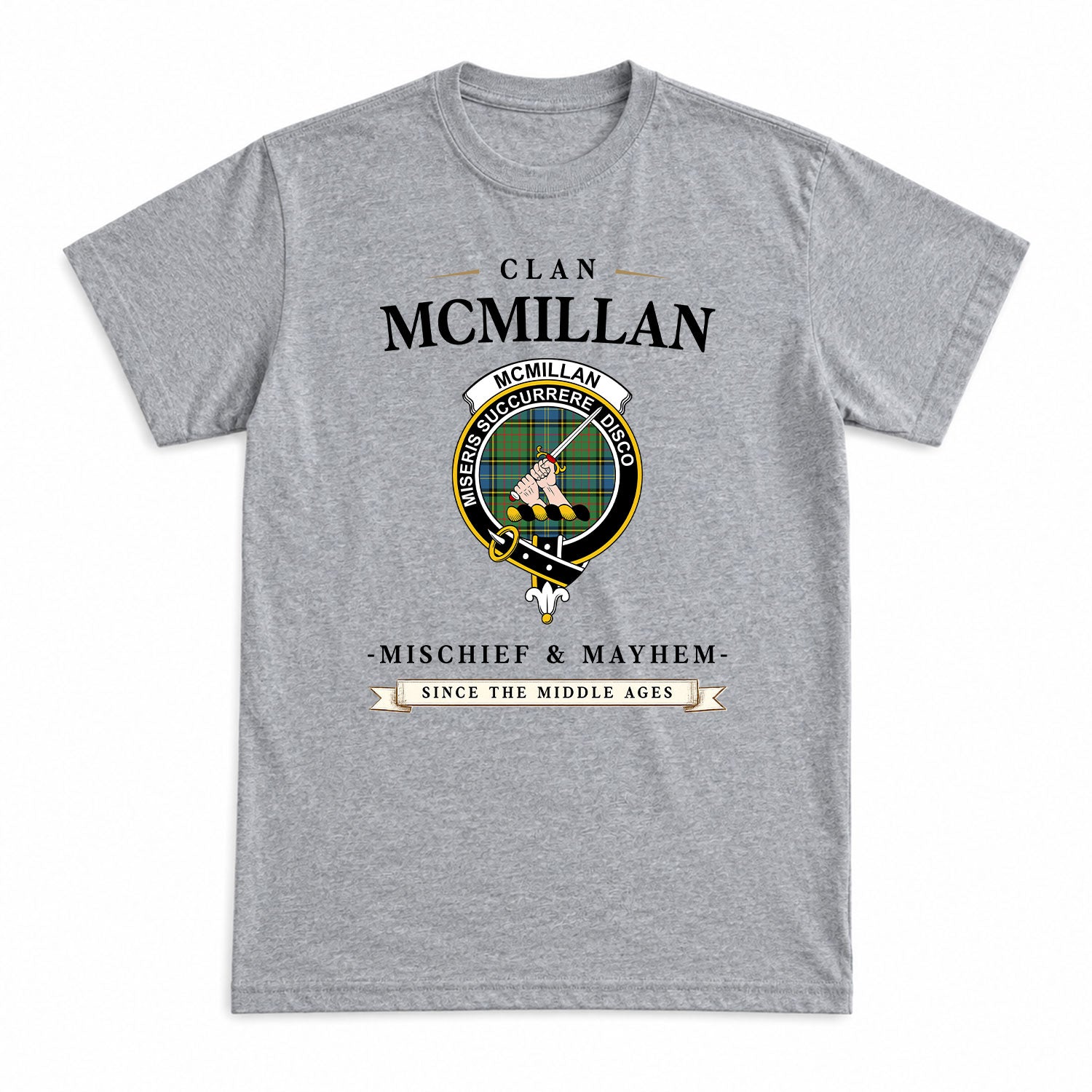 McMillan Hunting Ancient Tartan Crest Mischief and Mayhem T-shirt