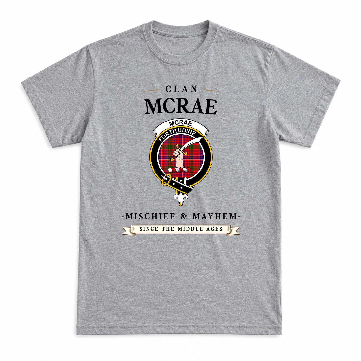 McRae Modern Tartan Crest Mischief and Mayhem T-shirt
