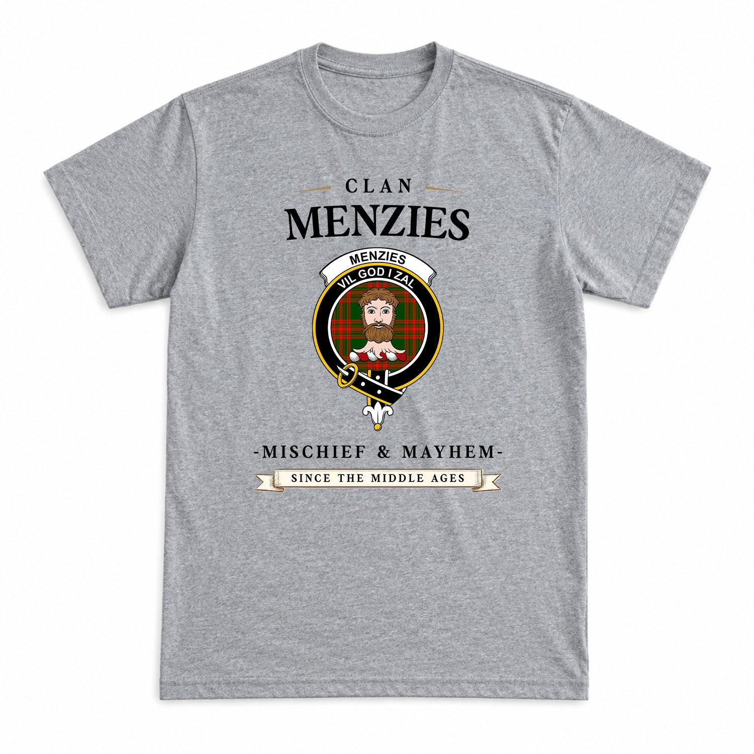 Menzies Green Modern Tartan Crest Mischief and Mayhem T-shirt