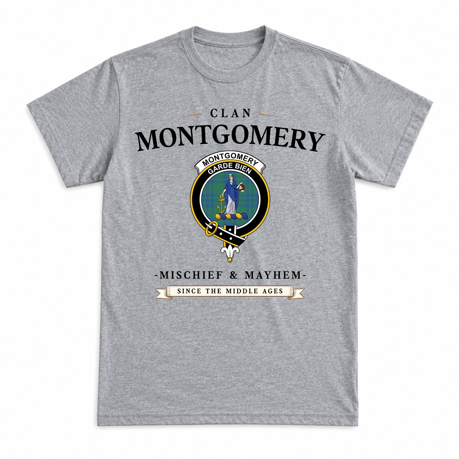 Montgomery Ancient Tartan Crest Mischief and Mayhem T-shirt