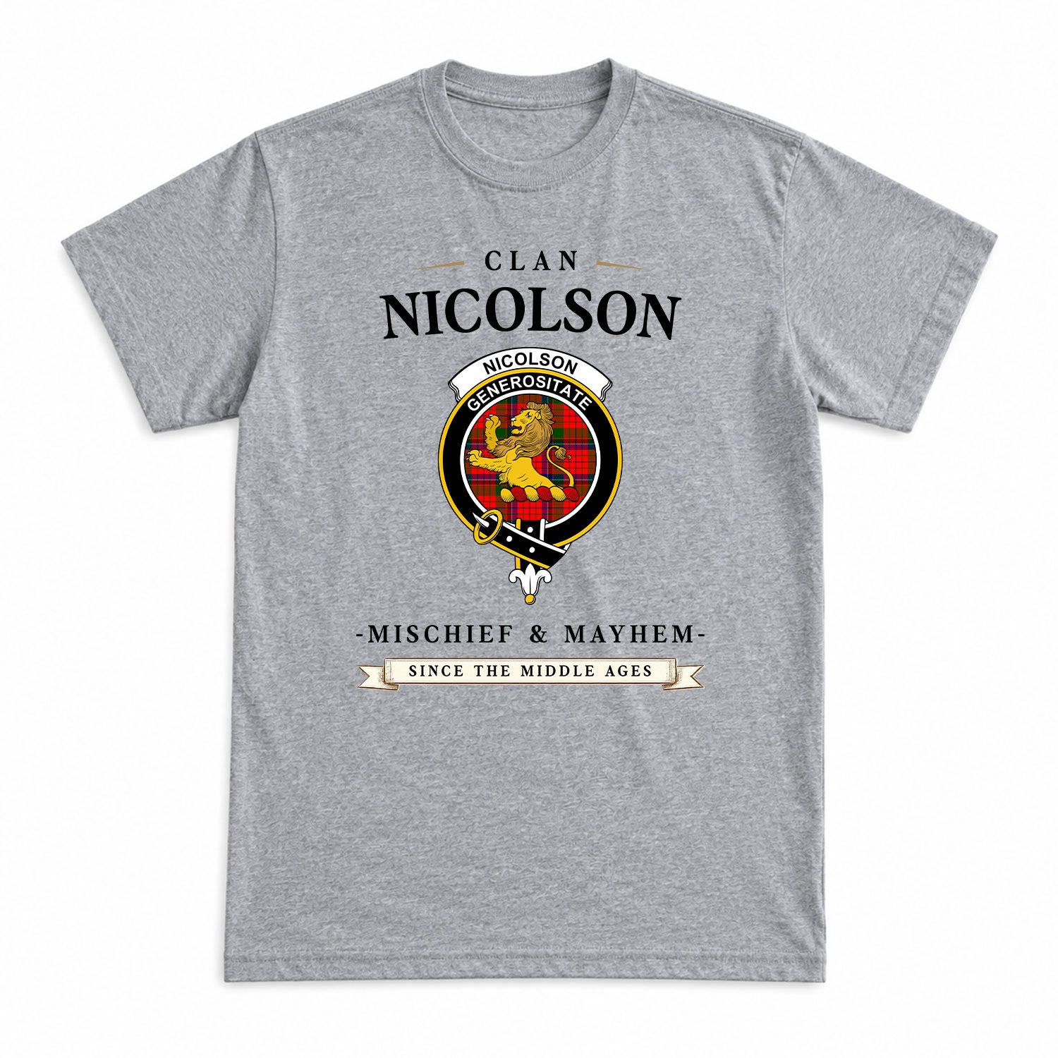 Nicolson Modern Tartan Crest Mischief and Mayhem T-shirt