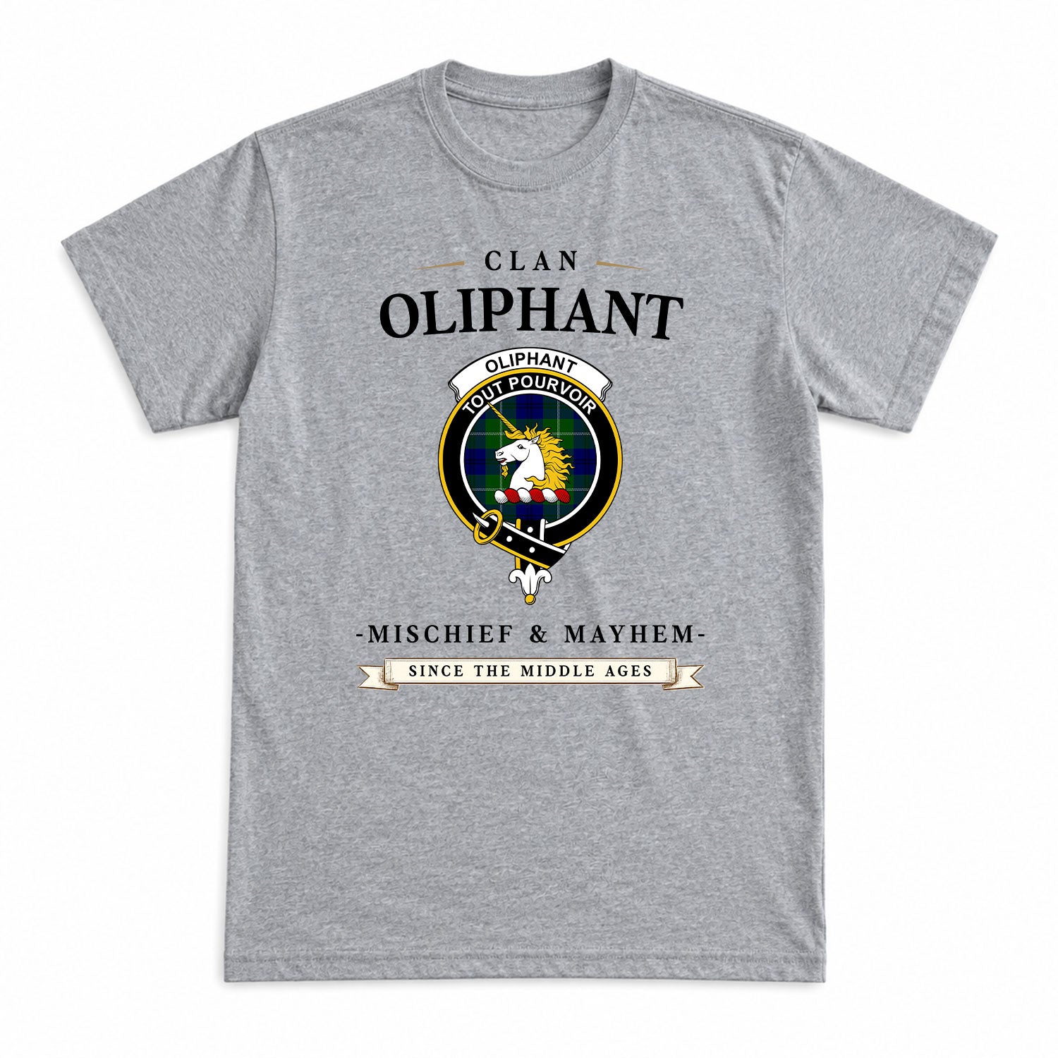 Oliphant Modern Tartan Crest Mischief and Mayhem T-shirt