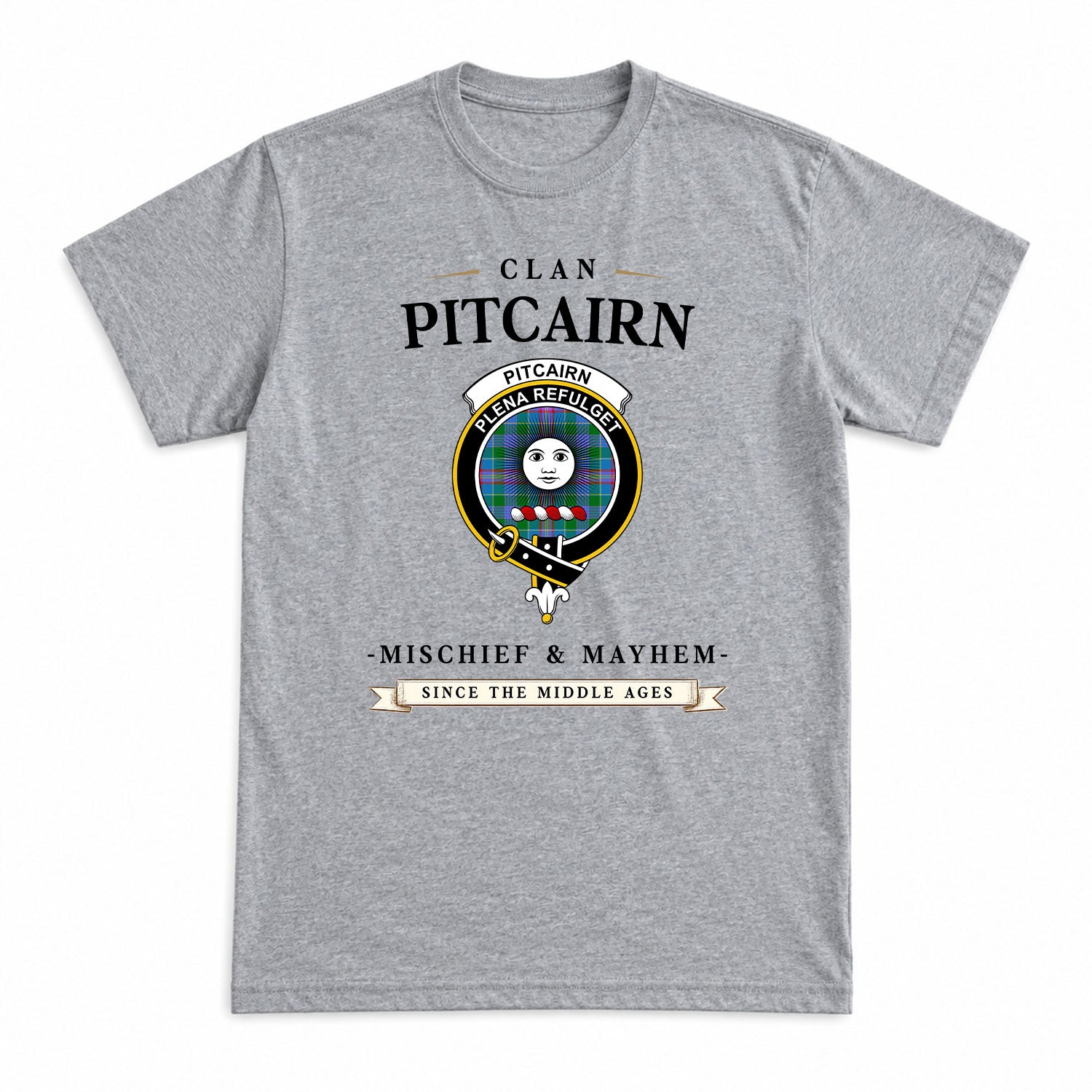 Pitcairn Hunting Tartan Crest Mischief and Mayhem T-shirt