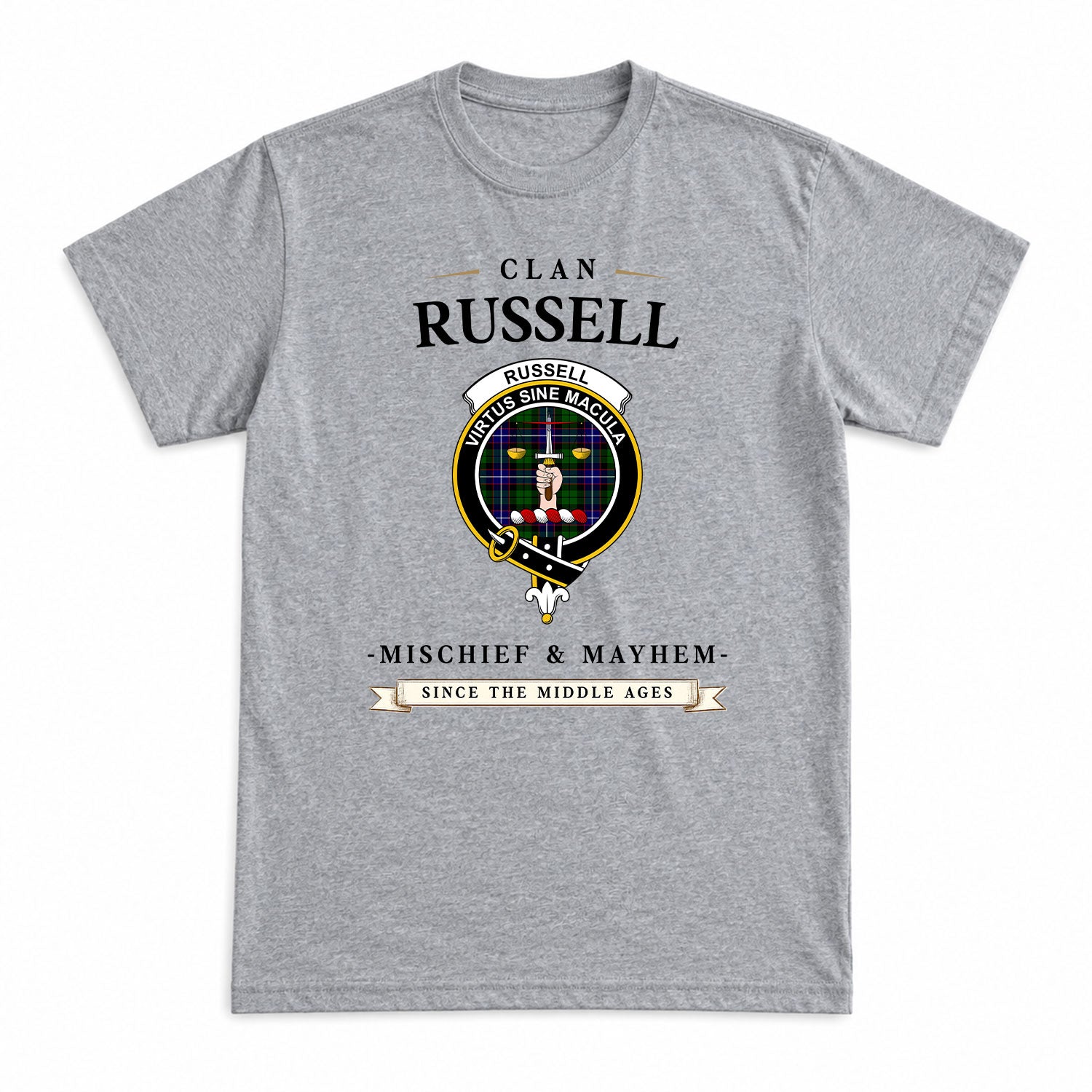 Russell Modern Tartan Crest Mischief and Mayhem T-shirt